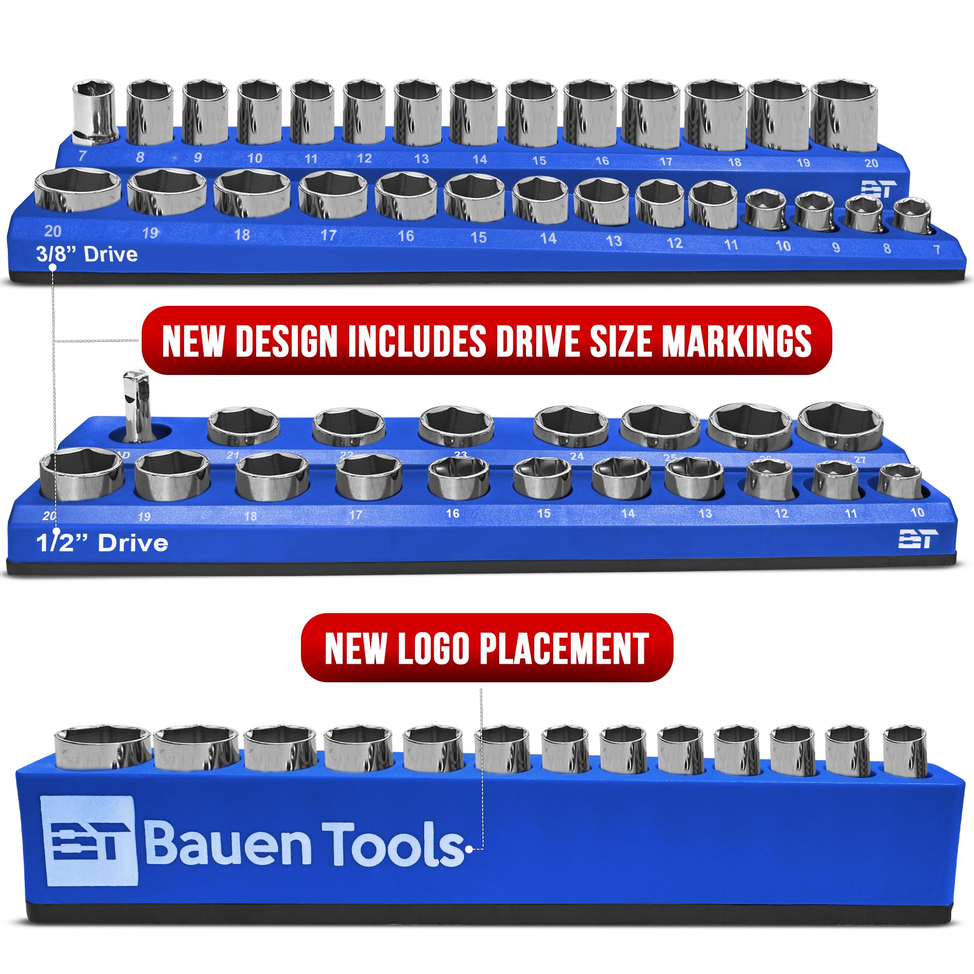 Professional Magnetic Socket Organizer Set - 3-Piece Metric & SAE Socket Holder with 1/2