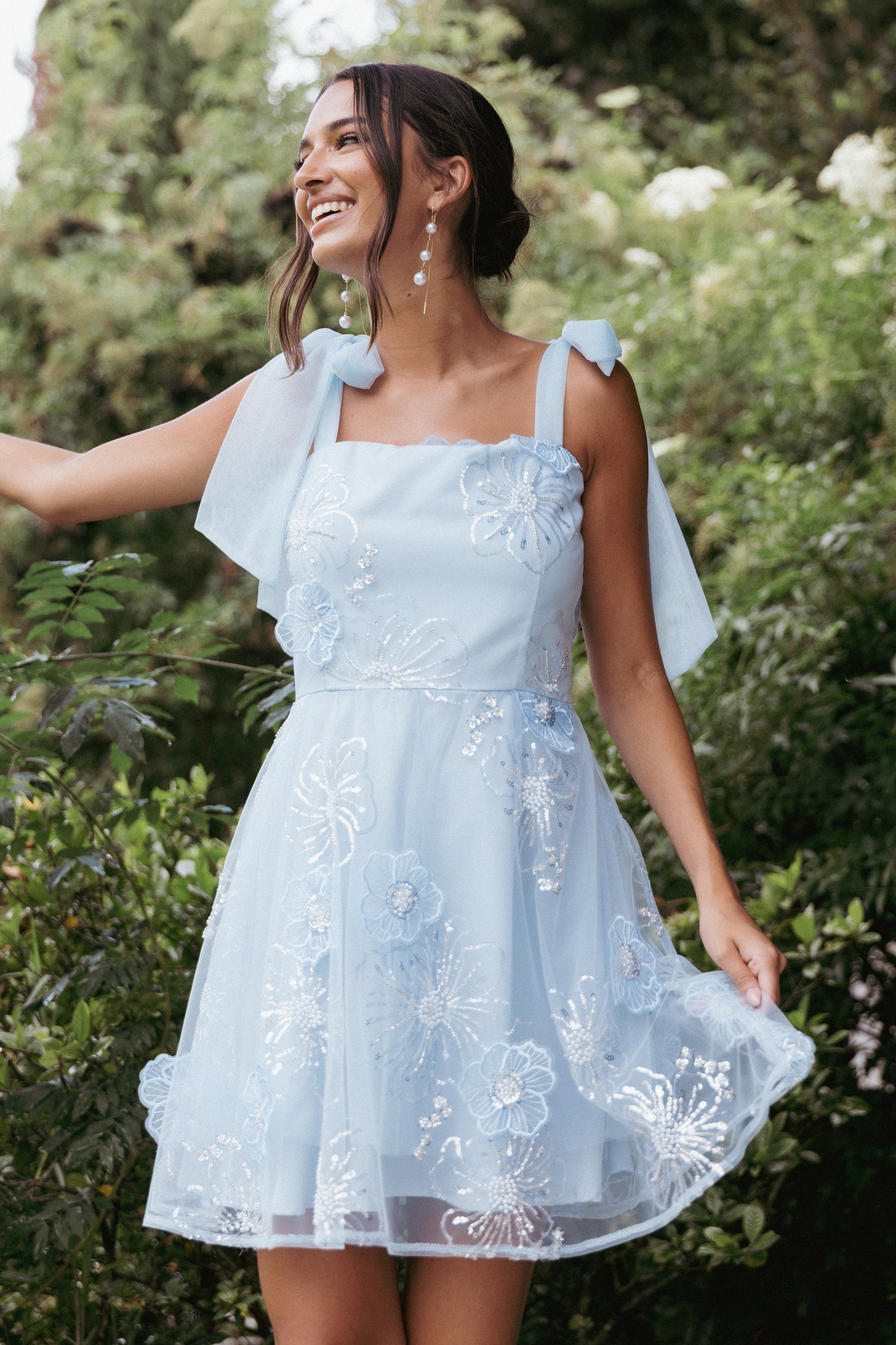 Evangeline Mini Dress - Women's Short Sleeve Casual Blue Summer Dress for Party, Date Night & Beach Vacation | Flowy A-Line Fit with Pockets