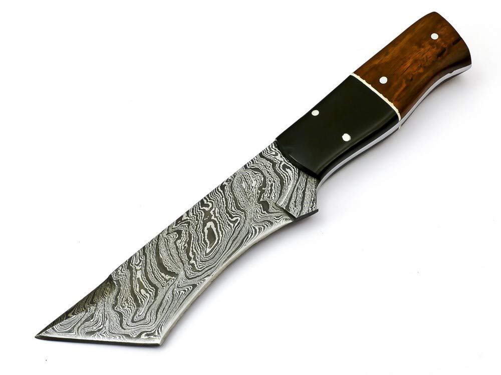 Premium Damascus Steel Tanto Hunting Knife - Custom Handmade Skinning Knife with Rosewood Handle & Genuine Leather Sheath | Outdoor Survival Gear, Camping, Bushcraft, Hunting Accessories (Model S-6468)
