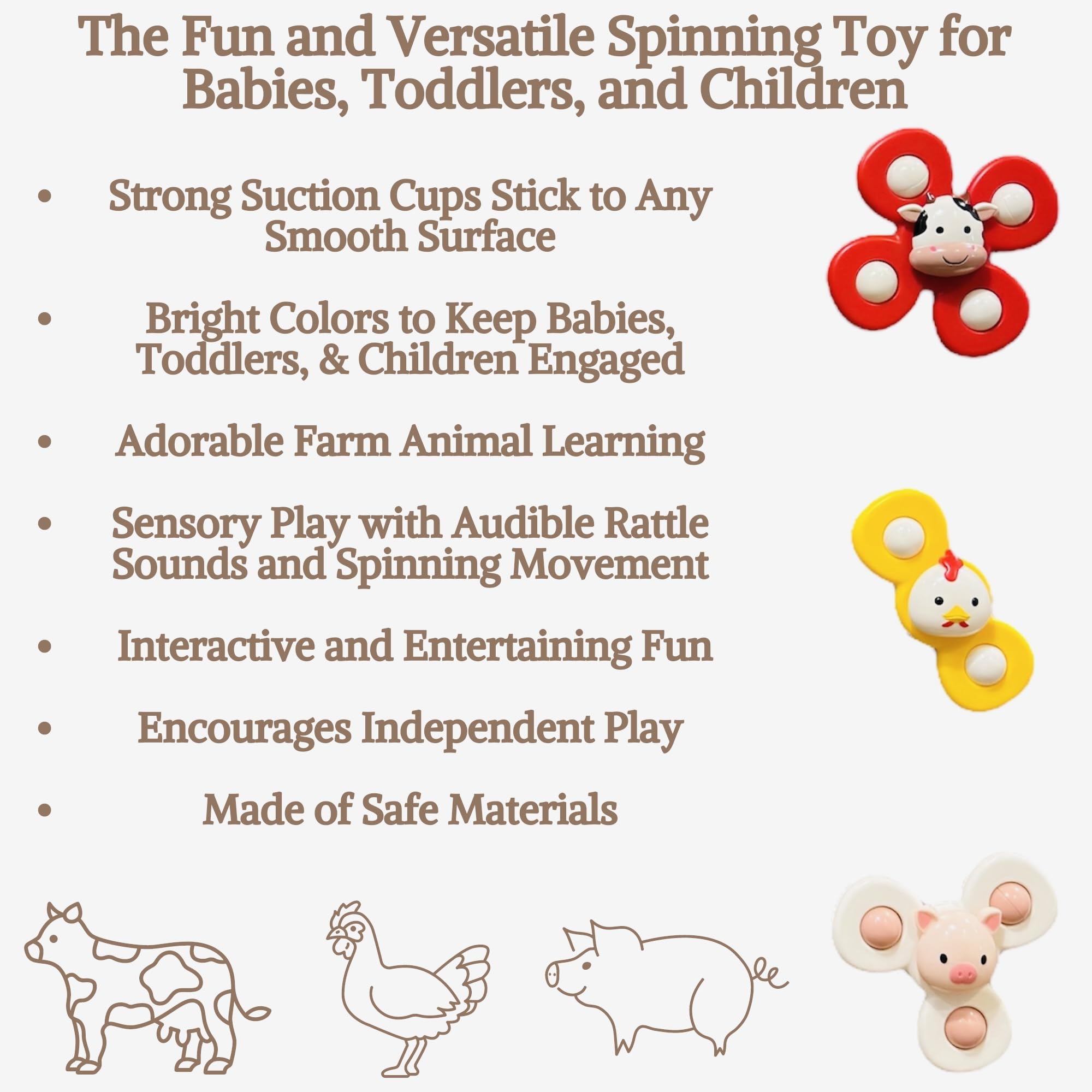 Farm Animal 3 PCS Suction Cup Spinner Toys Set - Cow, Pig, Chicken - Sensory Toys for Babies 6-18 Months & Toddlers 1-3 Years - Travel, Fidget & Learning Toys for Boys & Girls - Perfect for Car Windows, High Chairs & Playtime