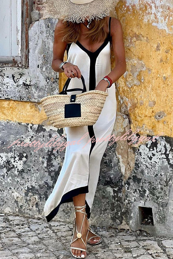 Horizon Satin Colorblock Strap Loose Maxi Dress for Women - Summer Beach Vacation, Boho Chic Outfit, Evening Party Wear