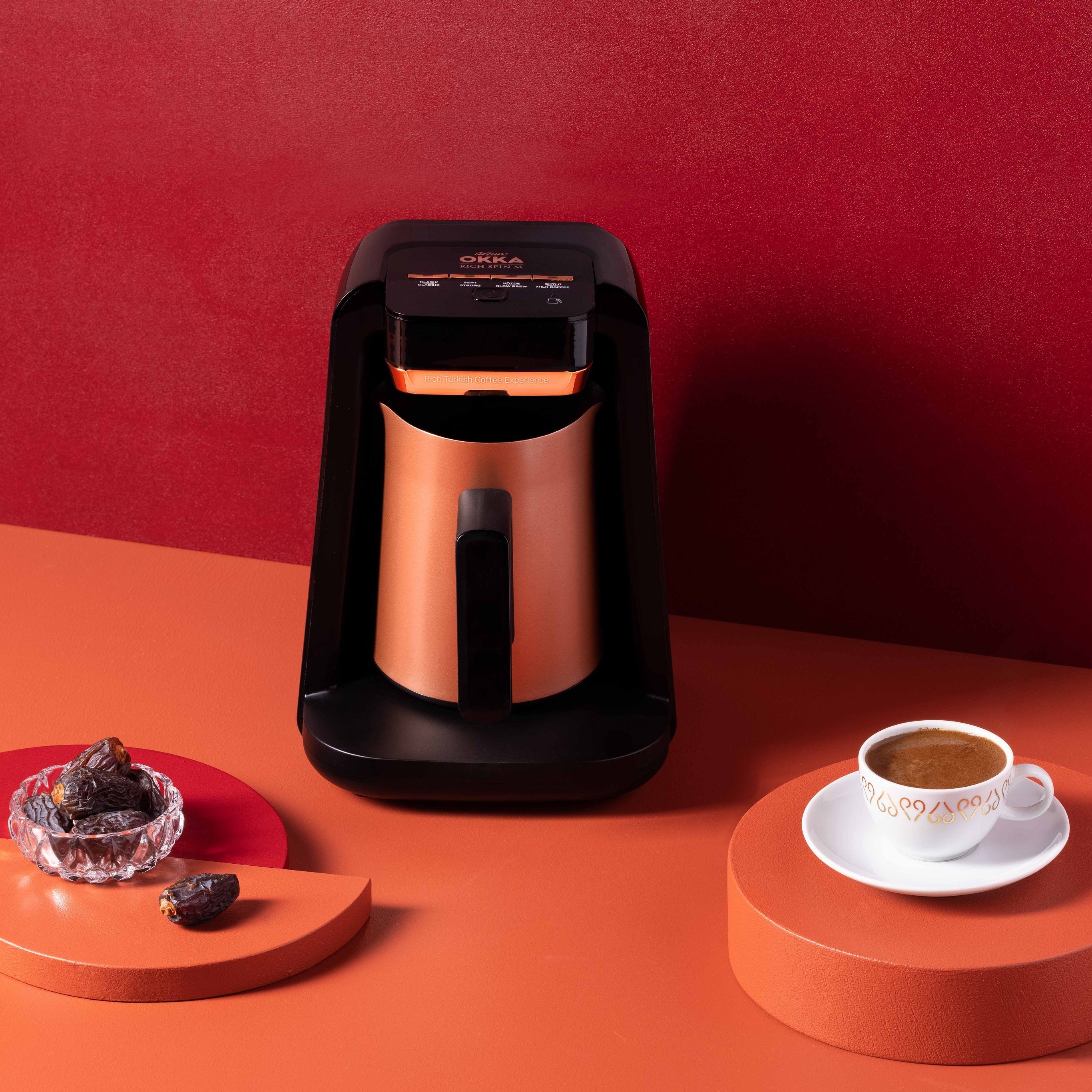 Arzum Okka Rich Automatic Turkish Coffee Maker & Hot Beverage Machine - Velvetiser for Espresso, Latte & Tea - 120V Black/Copper - Perfect for Home, Office & Gifts