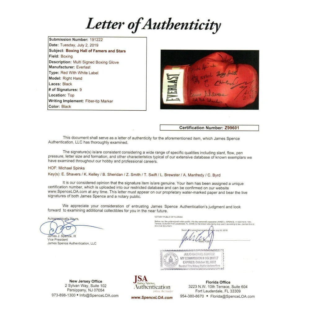 Authentic Boxing Legends Multi-Signed Glove with JSA COA - Spinks, Byrd, Manfredy, Brewster, Smith +5 More - Perfect for Collectors, Sports Memorabilia Displays & Boxing Fan Gifts