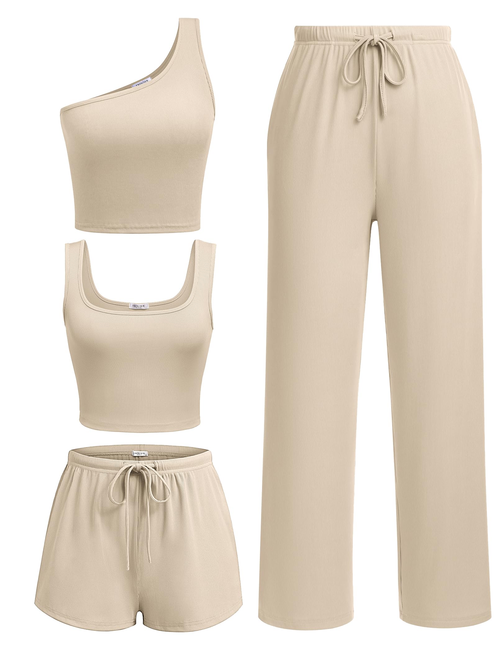 Ekouaer Women's 4-Piece Lounge Set - Ribbed Knit Crop Tank Top & Shorts Pants Comfy Casual Outfit for Home, Yoga, Sleep & Relaxation