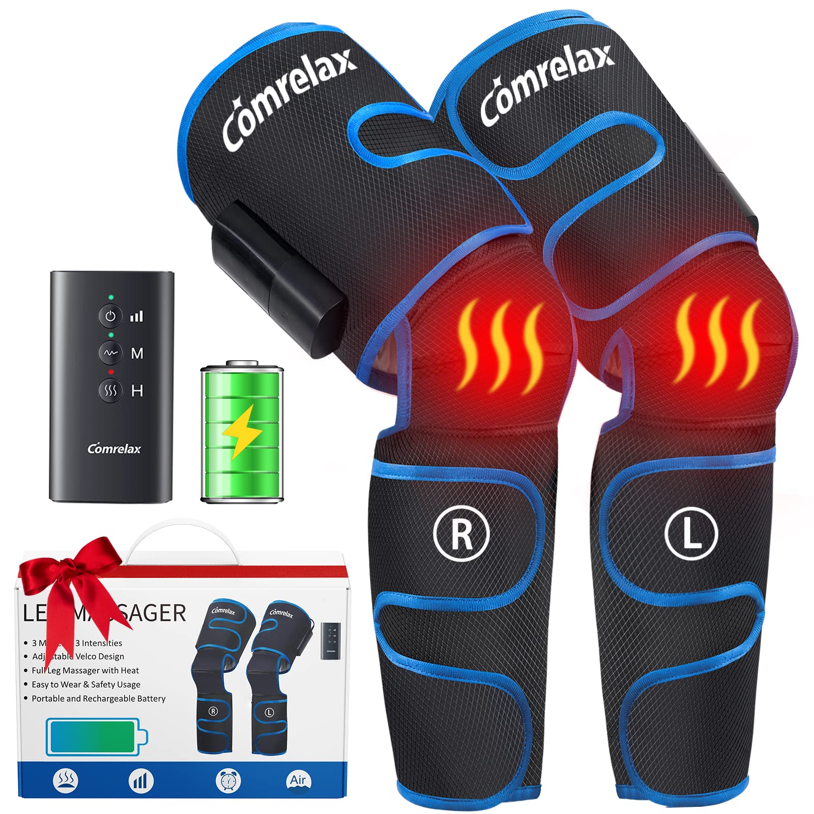 Rechargeable Cordless Leg Massager for Circulation - Air Compression Sequential Massage Device for Muscle Relaxation & Pain Relief - Portable Calf & Thigh Massager with Heating Function & 3 Modes/3 Intensities - Perfect for Home Use, Office Relaxation & Post-Workout Recovery