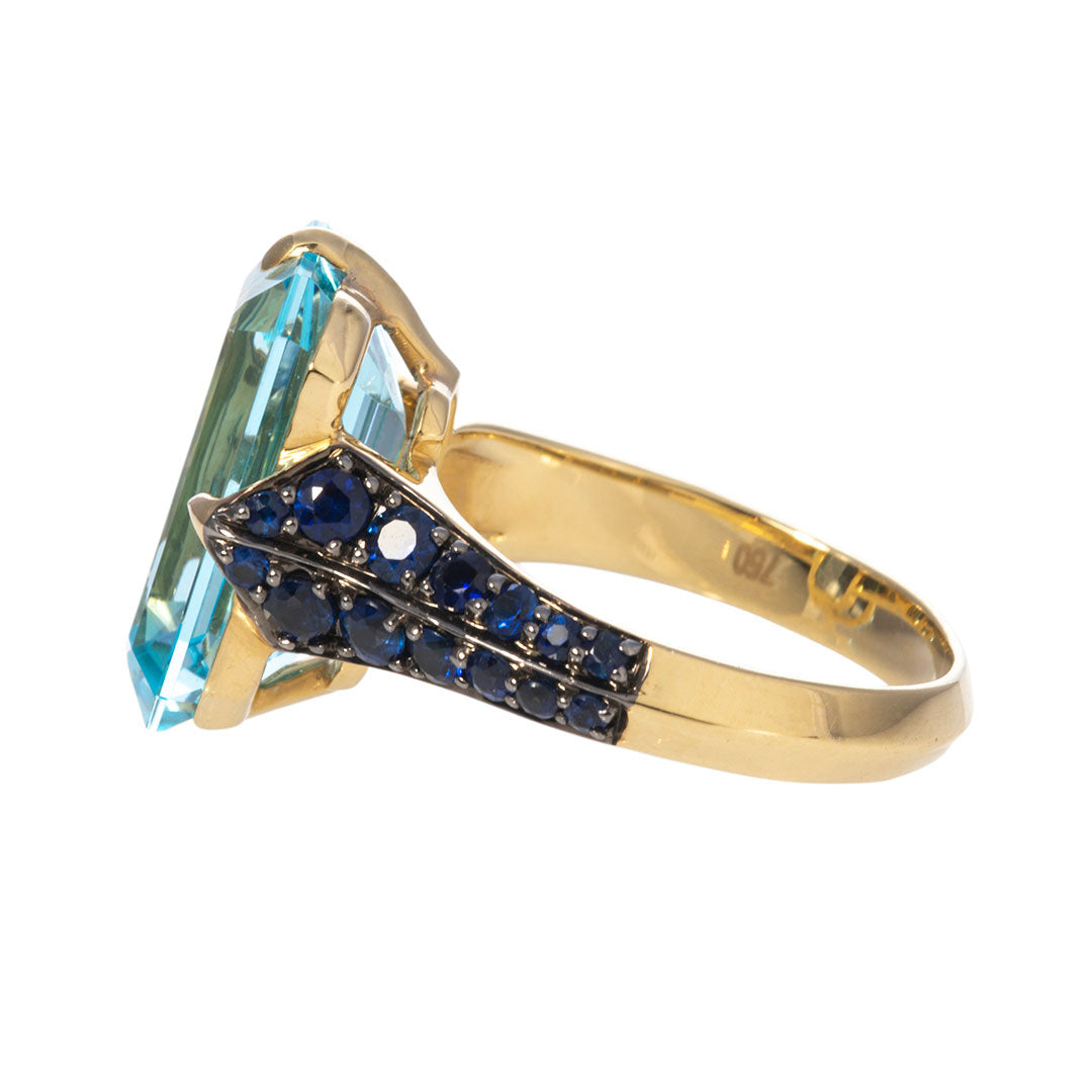 Goshwara 18K Gold Emerald Cut Blue Topaz & Sapphire Ring for Women - Elegant Jewelry Gift for Engagement, Anniversary & Special Occasions