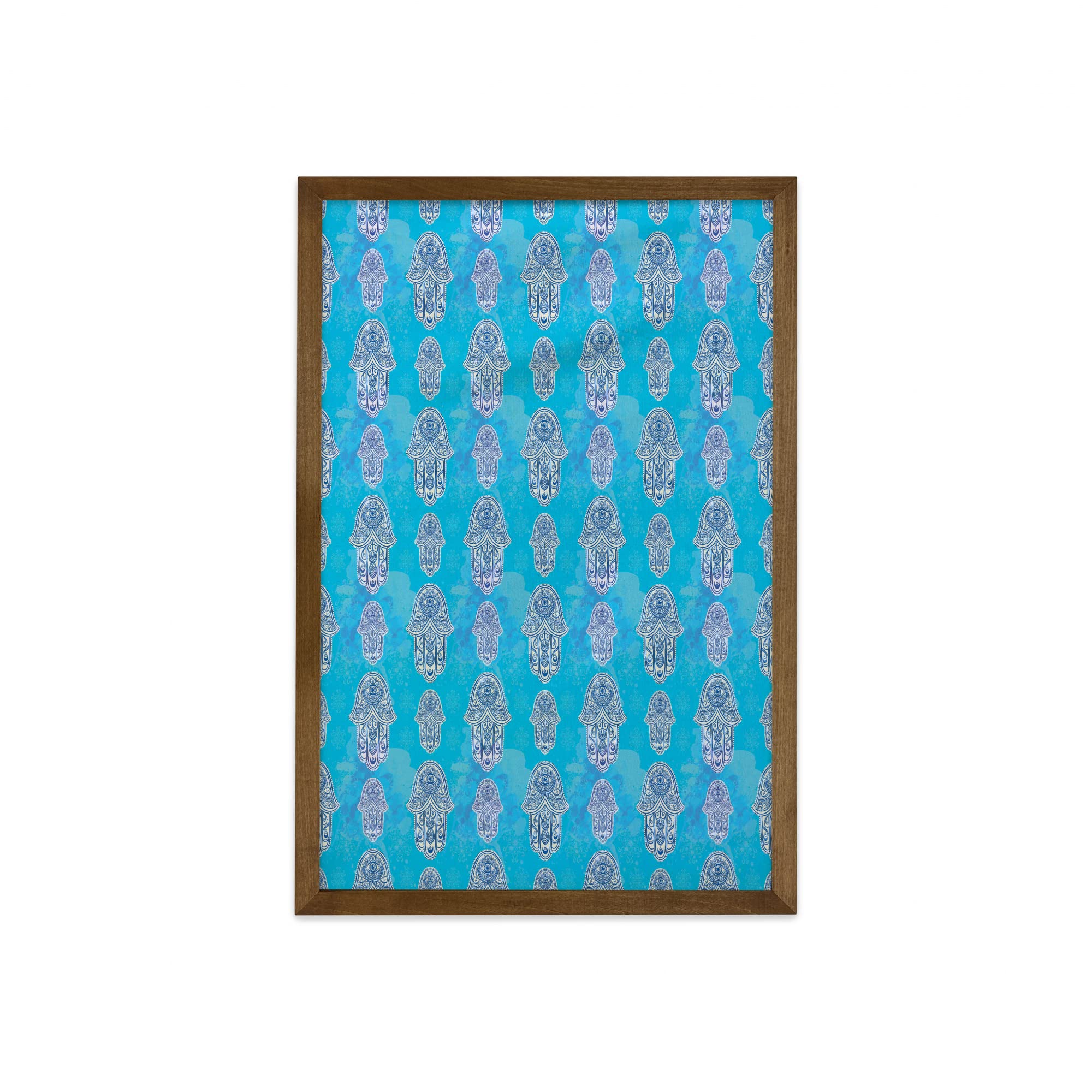 Ambesonne Hamsa Hand Wall Art Decor - Blue Navy White Oriental Eye Flower Pattern Framed Canvas Painting with Teak Wood Frame, 23