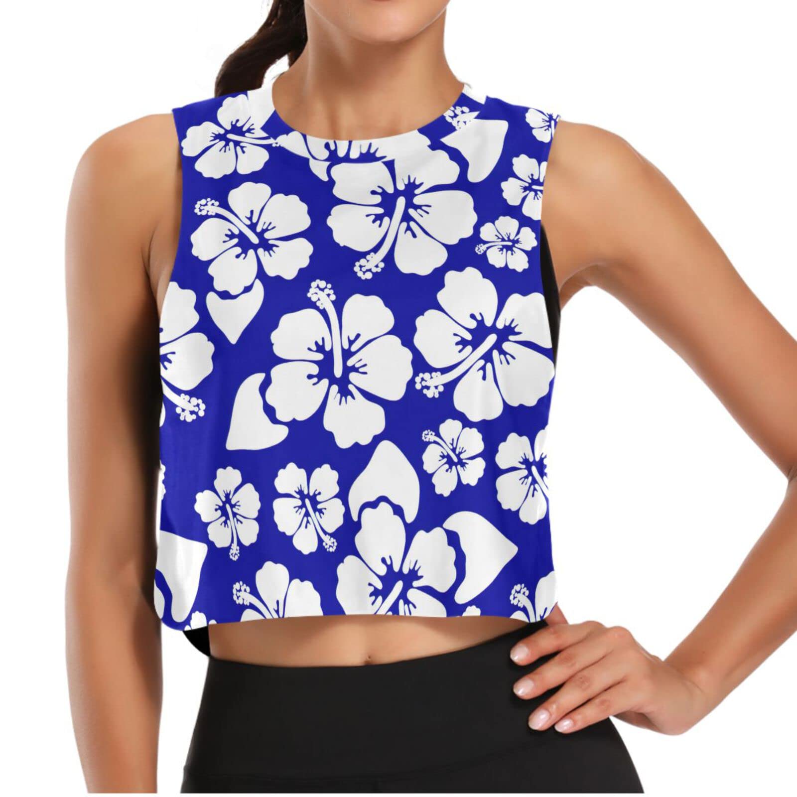 Hibiscus Aloha Hawaiian Women's Workout Crop Top - Loose Sleeveless Yoga Muscle Tank Tops for Women - Blue - Perfect for Yoga, Gym & Beach Workouts