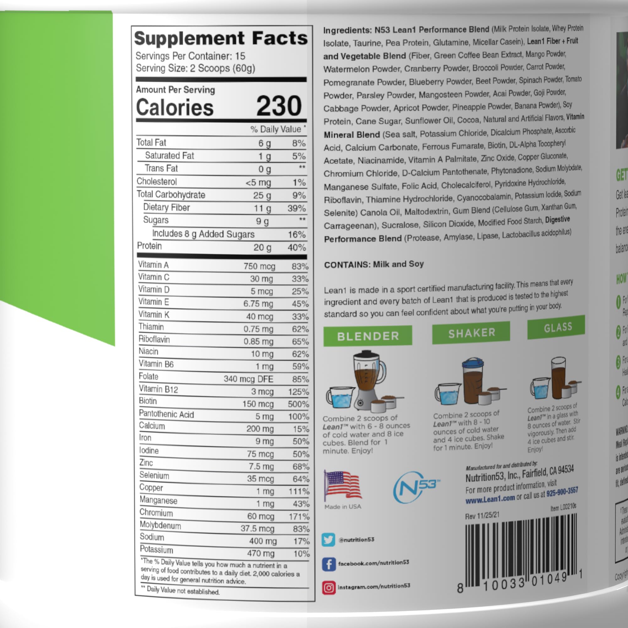 Lean1 Meal Replacement Protein Powder - Chocolate Flavor, 15 Servings | High Protein Shake for Weight Loss & Muscle Gain | Perfect for Breakfast, Post-Workout & Busy Lifestyles