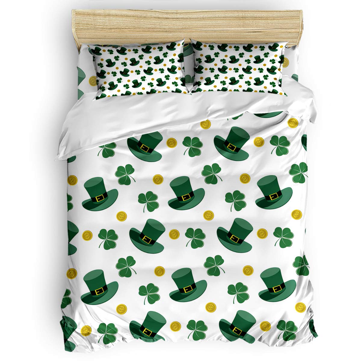 4Pcs King Size Duvet Cover Set - St. Patrick's Day Themed Green Leprechaun Hats & Coins Design, Zipper Closure Comforter Cover with 1 Duvet Cover, 1 Fitted Sheet & 2 Pillowcases | Perfect for Holiday Bedroom Decor, Irish-Themed Parties & Festive Home Styling