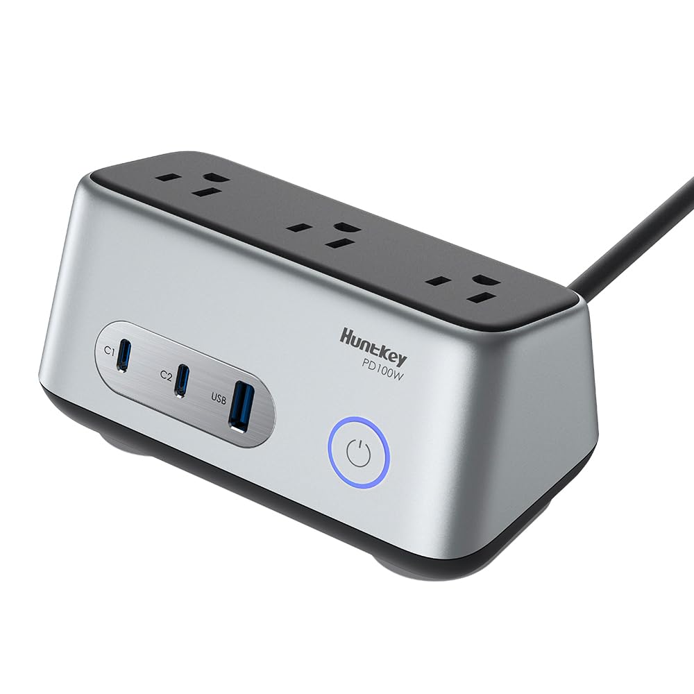 Huntkey 100W USB C Desktop Charging Station with 3 AC Outlets & 3 USB Ports (1A+2C), 45° Angle Power Strip with 5ft Cord - Fast Charger for Home Office, Dorm Room, Travel (Grey) | Multi-Device Charging Hub for Laptop, Phone, Tablet & More