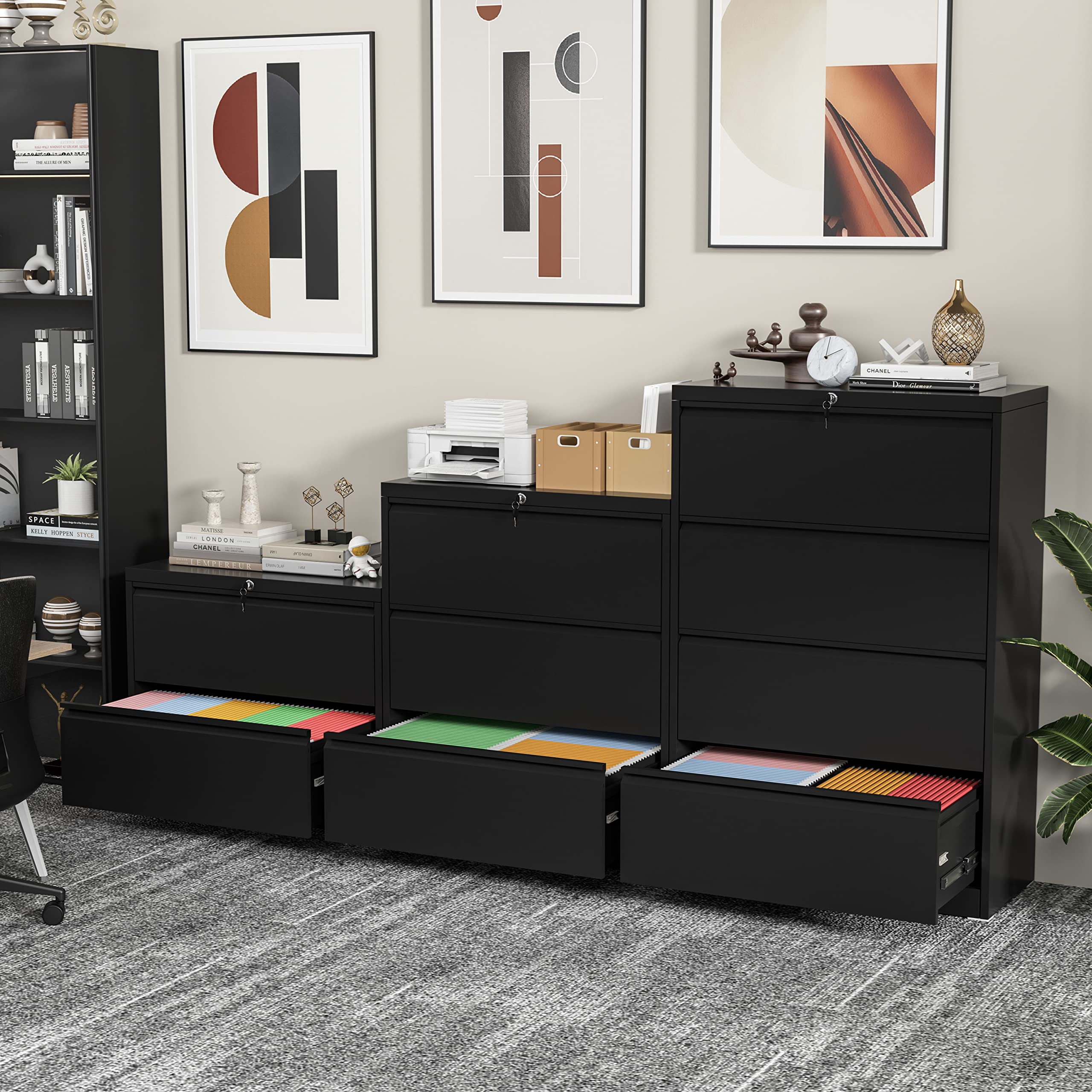 INTERGREAT 3-Drawer Black Lateral File Cabinet with Lock - Legal/Letter & A4 Size Metal Steel Locking Wide Filing Cabinet for Home Office - Perfect for Document Storage, Office Organization & Secure File Keeping