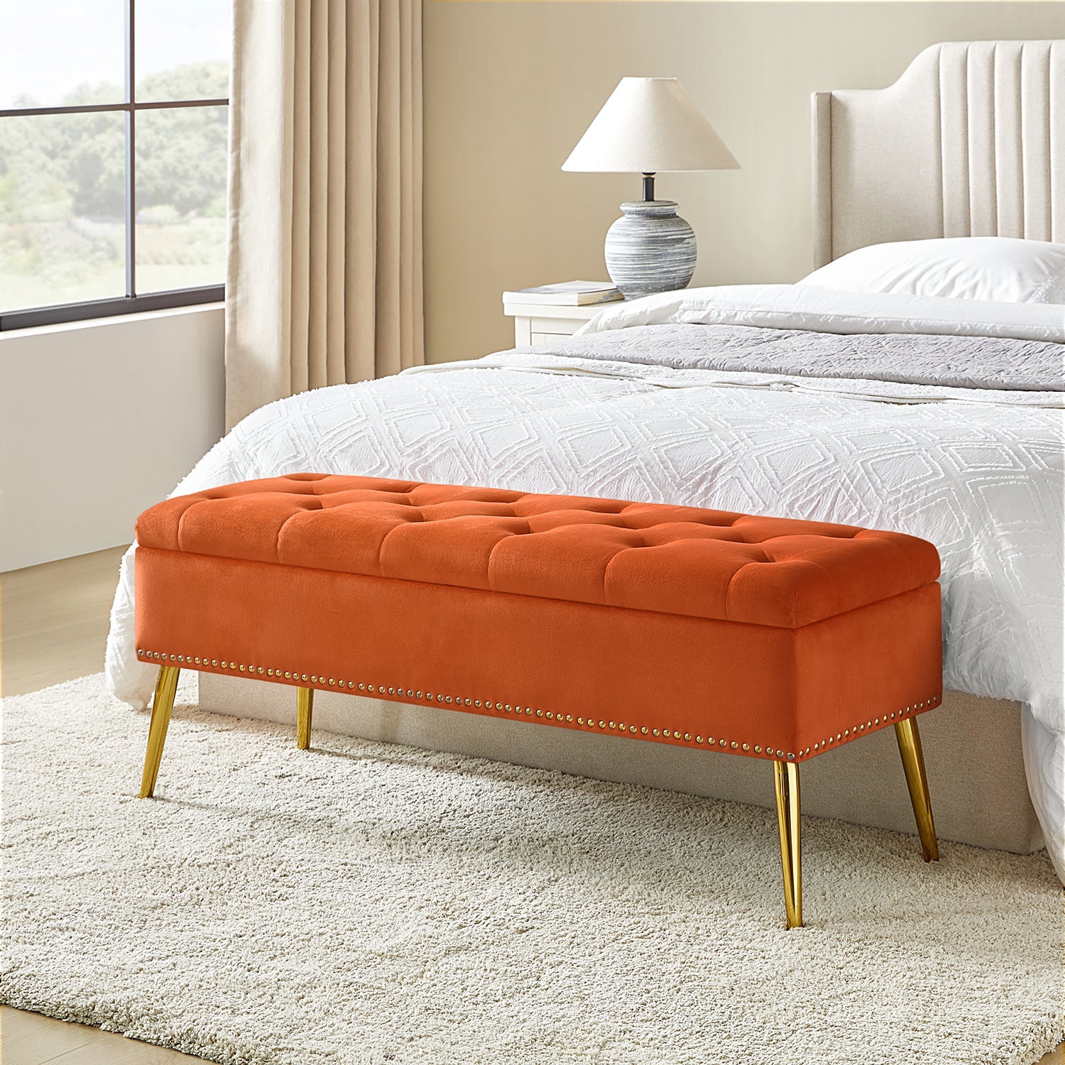Lenore Upholstered Storage Bench with Cushion Seat - Modern Upholstered Ottoman for Bedroom, Living Room & Entryway - Multi-Functional Storage Furniture for Home Organization