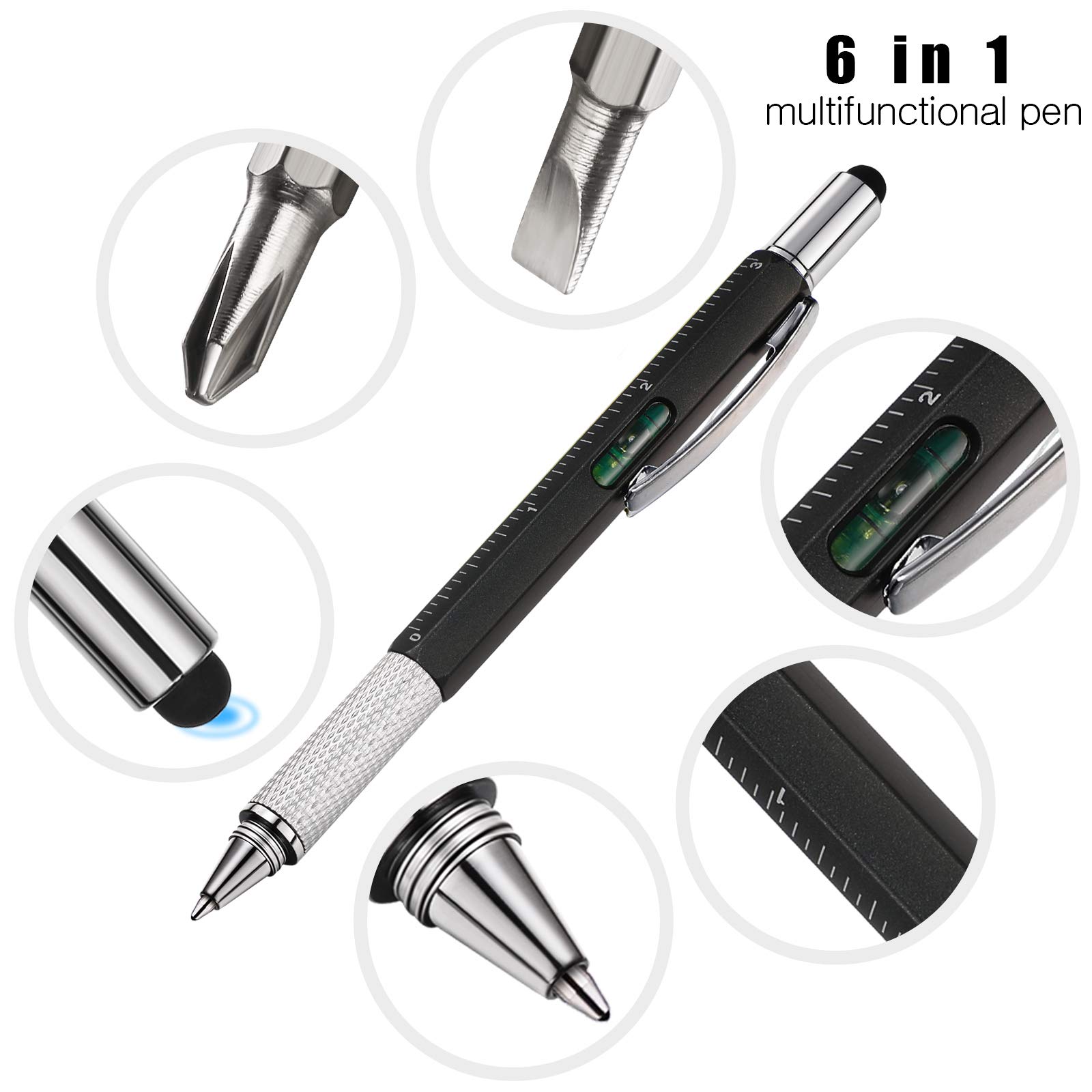 16-in-1 Multifunction Tech Pen with Ruler, Level Gauge & Ballpoint Refills - Premium Gift Pen Set for Men (Black) - Perfect for Office, DIY Projects, Camping & Everyday Carry