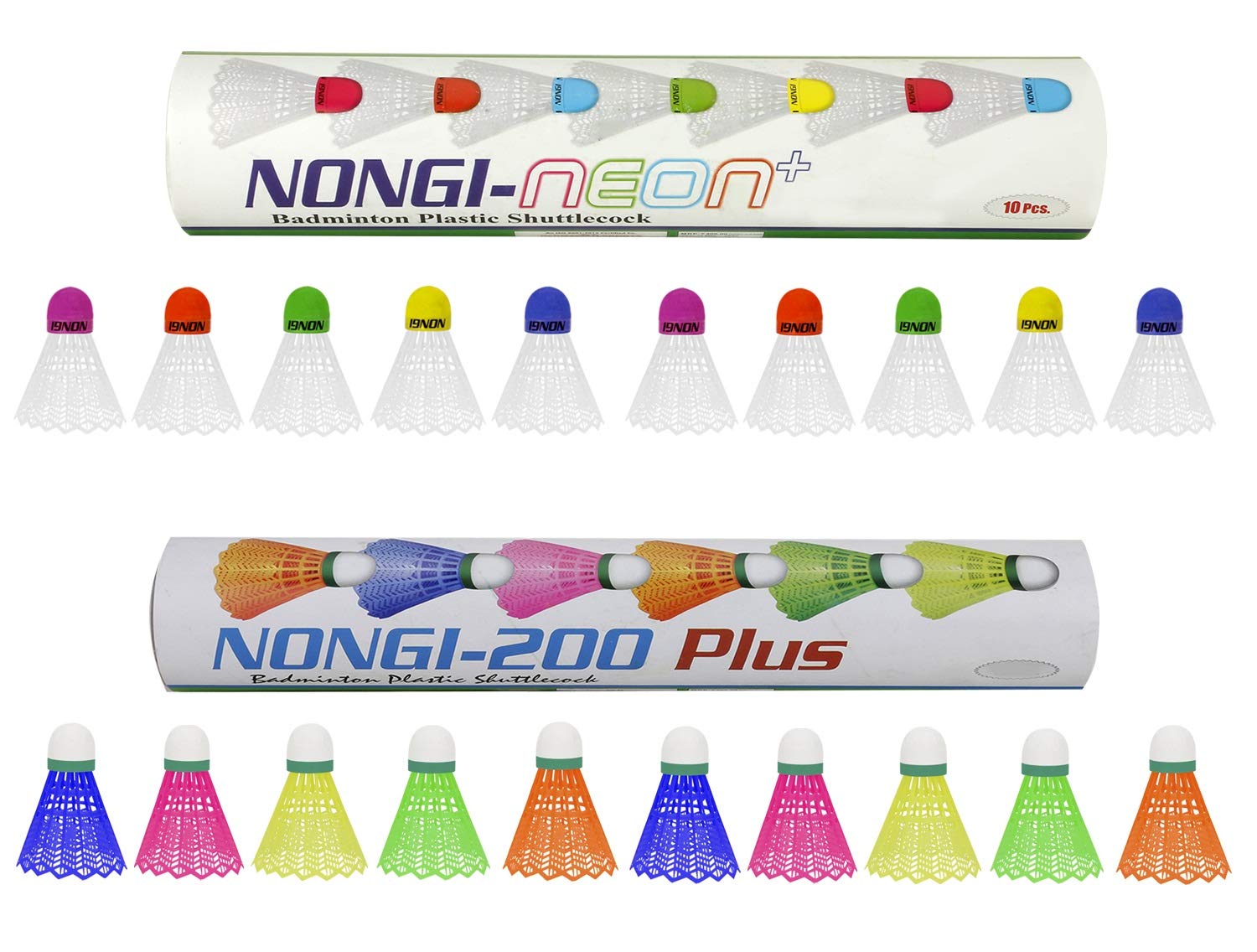 Nongi Neon Plus Combo Pack - 20 Shuttlecocks (10 Multicolored Cork Plastic + 10 Multicolor Plastic) for Badminton | Indoor & Outdoor Sports | Perfect for Backyard Games, Gym Training, and Family Fun