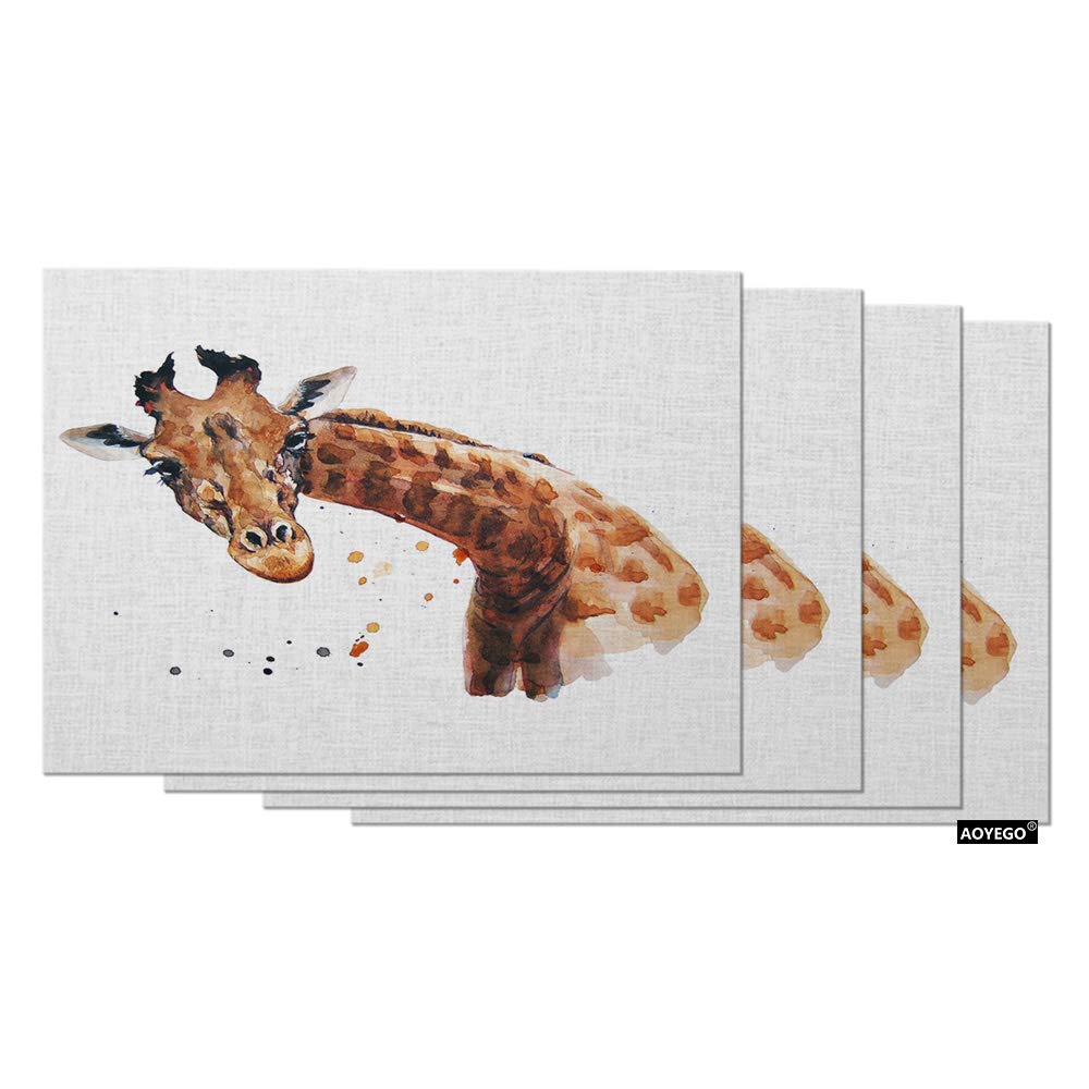 AOYEGO 12x18 Inch Giraffe Print Place Mats Set of 4 - Watercolor Wild Animal Table Mats with Giraffe Head & Neck Design, Cotton Linen Dining Mats for Kitchen, Restaurant & Home Decor - Perfect for Dinner Parties, Family Gatherings & Everyday Meals