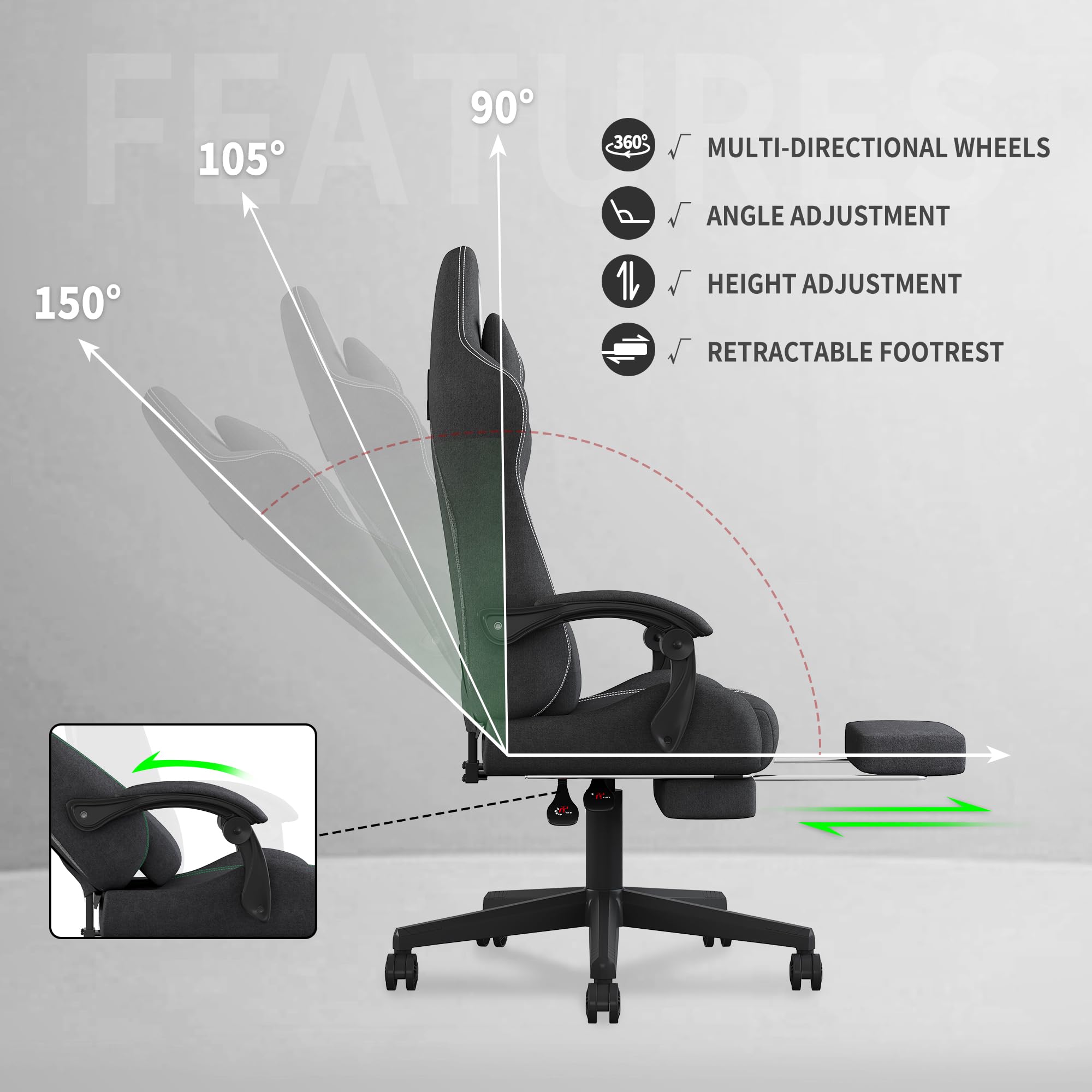 SITMOD Ergonomic Gaming Chair with Adjustable Headrest & Lumbar Support - Breathable Fabric Big and Tall Computer Chair with Footrest, Recliner & 360° Swivel - Comfortable Office & Gaming Chair for Adults (Grey) - Perfect for Long Gaming Sessions & Home Office Work