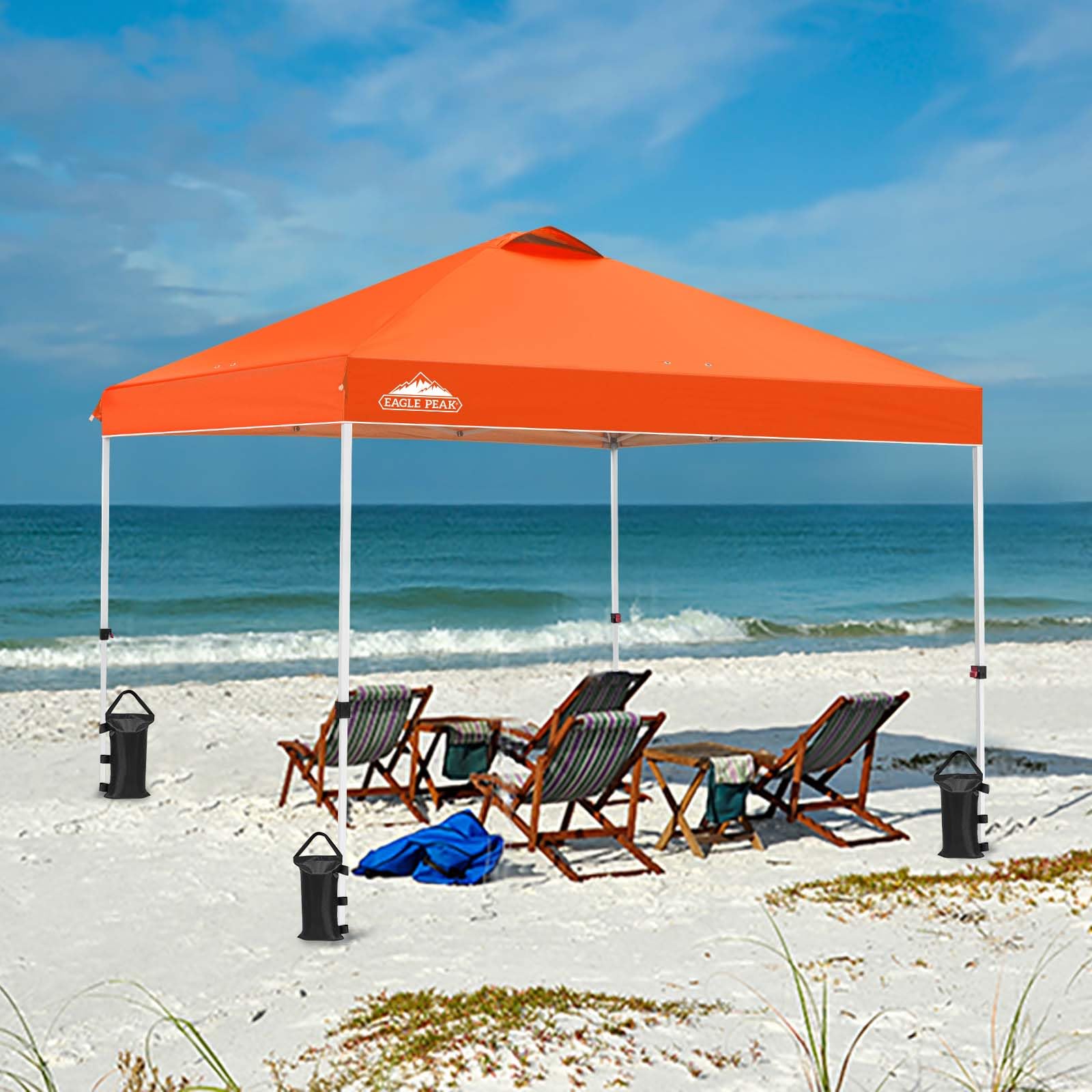 EAGLE PEAK 10x10 ft Pop Up Canopy Tent with Wheeled Carry Bag - Includes 8 Stakes, 4 Ropes & 4 Weight Bags - Easy Setup Instant Shelter for Outdoor Events, Beach, Camping & Backyard Parties - 100 sq ft Shade Coverage in Orange