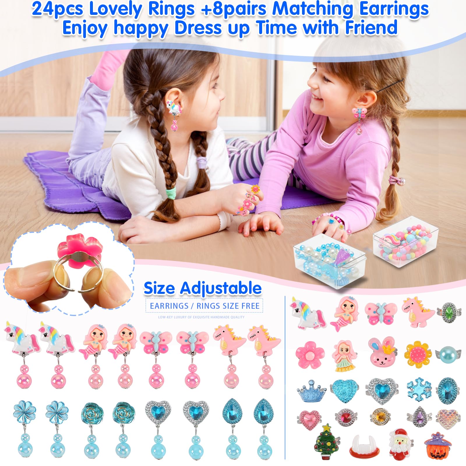 **Best Girls' Jewelry Toys for Ages 5-10 – Clip-On Earrings, Adjustable Rings, Bracelets & Necklaces – Frozen & Unicorn Princess Dress-Up Set – Perfect for Birthday Gifts & Pretend Play**