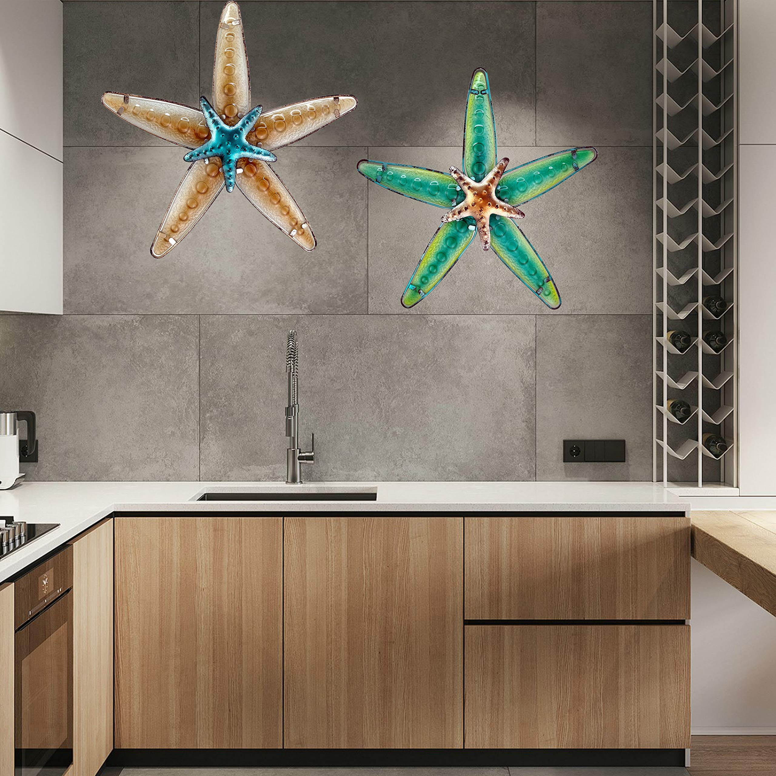 JOYBee Metal & Fused Glass Starfish Wall Art Decor - 13.25x12.75 Inch Coastal Home Decor for Living Room, Bathroom, Kitchen, Garden & Patio | Nautical Sea Life Wall Hanging for Beach House & Ocean Themed Interiors
