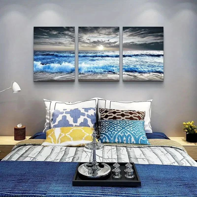 3-Piece Blue Ocean Waves Metal Wall Art - Ready to Hang Coastal Decor for Living Room, Bedroom or Beach House