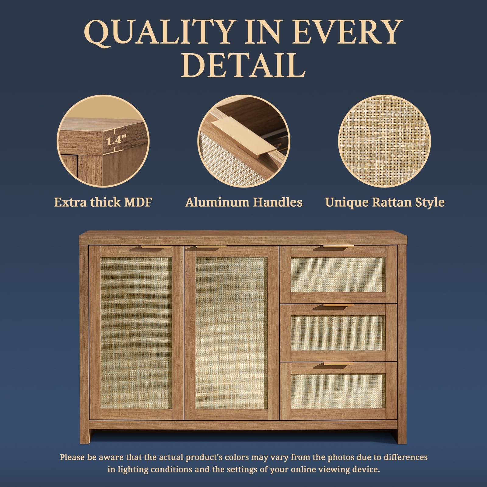 Rattan Sideboard Cabinet with 3 Drawers & 2 Doors - Kitchen Storage Organizer, Buffet Cabinet & Accent Console Table for Living Room, Hallway or Bar | Weathered Oak Finish | Perfect for Small Space Organization & Home Decor