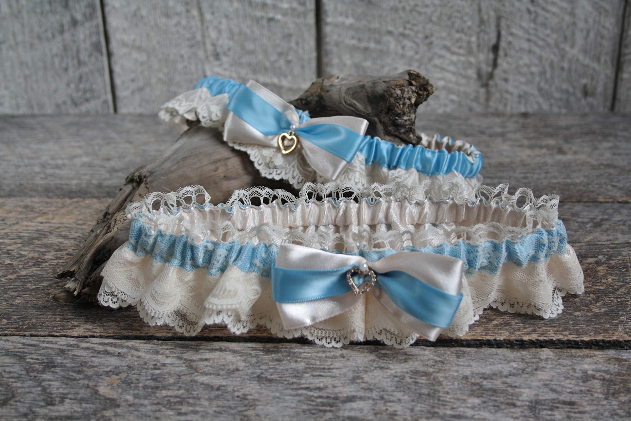 Romantic Blush Ivory & Blue Bridal Garter Set - Heirloom Satin & Lace Wedding Garter - Keepsake & Toss Garter for Bridal Shower, Wedding Ceremony & Bouquet Toss