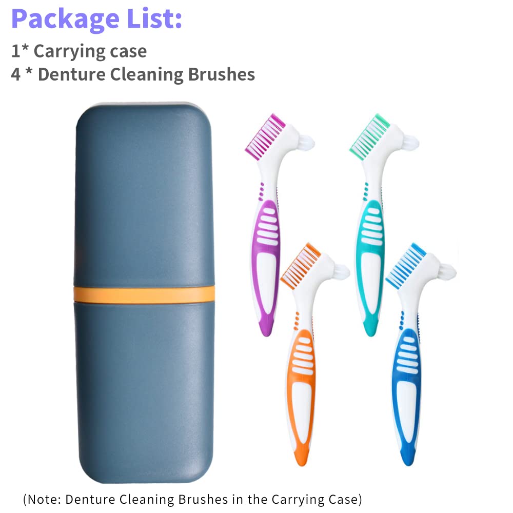 4Pcs Denture Cleaning Brushes with Travel Case - Double Sided Hard Bristle Toothbrush for Dentures, Partial & False Teeth - Perfect for Home, Travel & Daily Oral Care