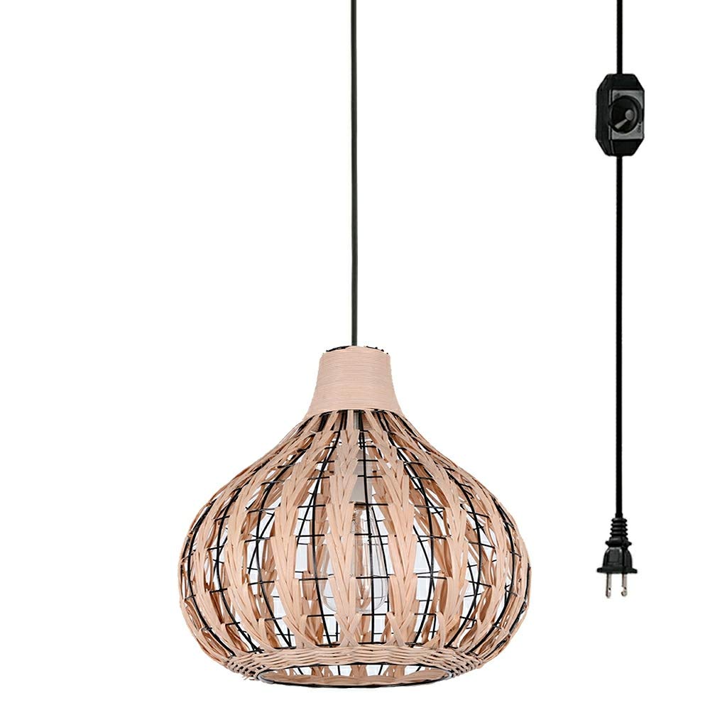 Handmade Woven Bamboo Rattan Plug-in Pendant Light - 20ft UL Listed Dimmable Cord, Hollow Lampshade, E26 Bulb Not Included - Perfect for Boho Bedroom, Farmhouse Kitchen, or Patio Lighting