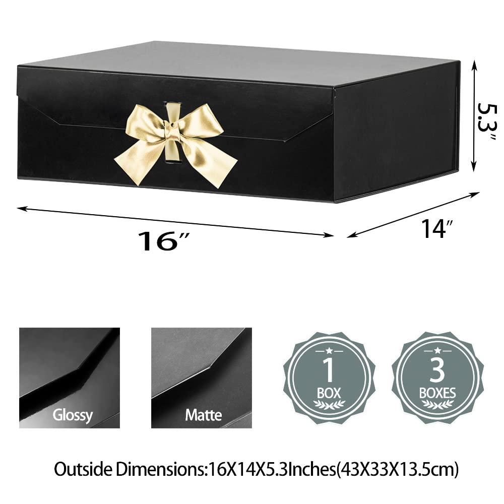 Extra Large 16x14x5.3 Inches Black Gift Box with Ribbon & Magnetic Lid Closure - Premium Collapsible Rectangle Gift Box for Groomsman Proposal, Clothes, Jewelry, Wedding Favors & Special Occasions (Glossy Black)