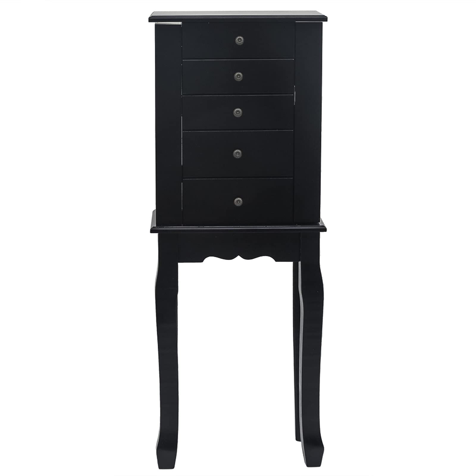 GT4-LY Standing Jewelry Armoire with Mirror - 5 Drawers & 6 Necklace Hooks, Jewelry Storage Cabinet with Top Organizer & 2 Swing Doors (Black) | Perfect for Bedroom, Dressing Room & Closet Organization