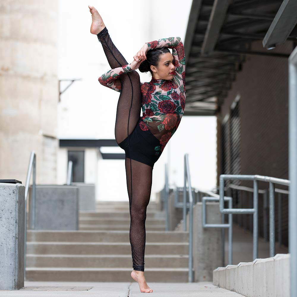 Stylish Rose Floral Print Mesh Unitard Bodysuit for Women - Perfect for Dance, Yoga & Costume Parties