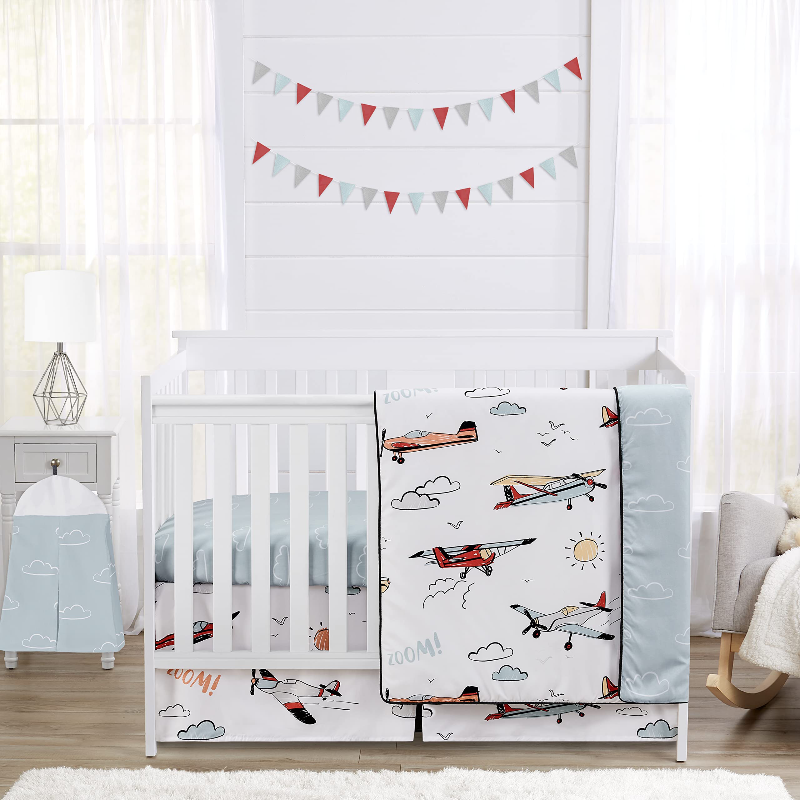 Sweet Jojo Designs 4-Piece Baby Crib Bedding Set - Vintage Airplane Theme for Boys Nursery | Includes Blanket, Fitted Sheet, Skirt & Diaper Stacker | Blue, Green, Grey Transportation & Clouds Pattern | Perfect for Newborns, Infants & Nursery Decor