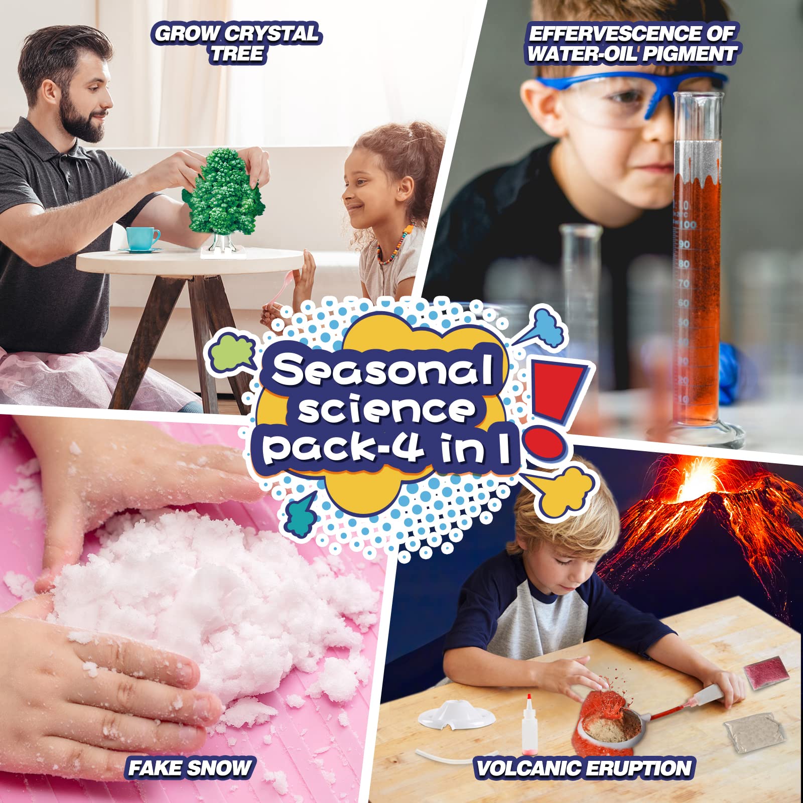 STEM Science Kit for Kids Ages 8-12 - 4 Exciting Experiments: Volcano Eruption, Crystal Tree Growing, Fake Snow Making & Water-Oil Pigment Reaction - Educational DIY Learning Toys | Perfect for Birthday Gifts, Classroom Activities & Homeschool Science Projects