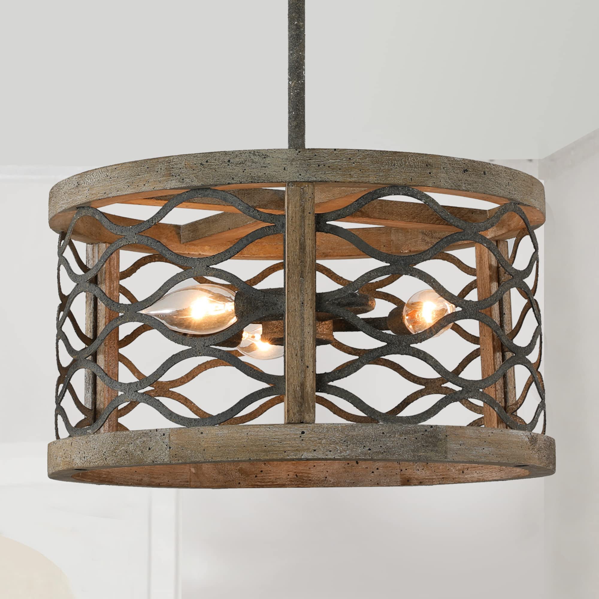 Vintage Industrial 3-Light Rustic Cage Wood Chandelier - Black & Brown Drum Round Metal Mesh Pendant Light Fixture for Foyer, Hallway, Kitchen Island & Dining Room | Farmhouse Decor, Restaurant Lighting, Loft Style Home Improvement