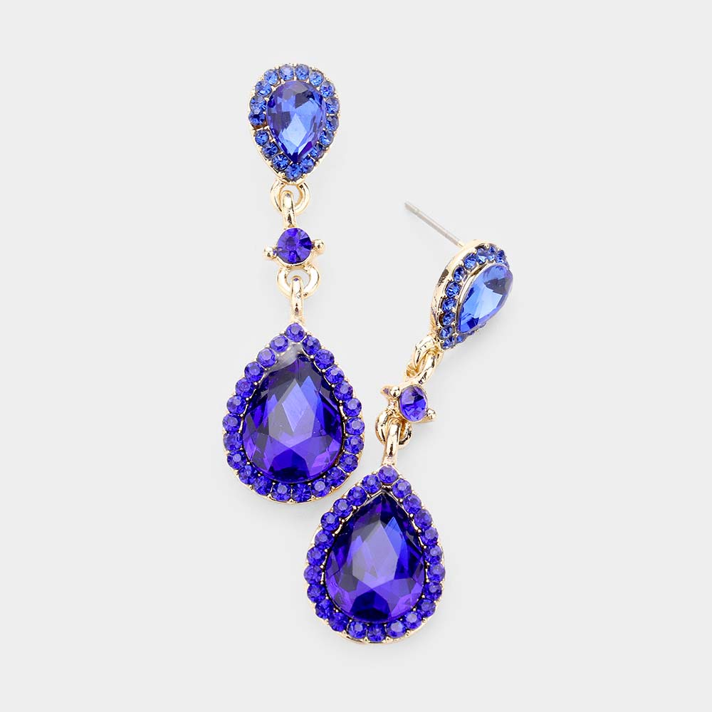 Double Sapphire Teardrop Stone Dangle Pageant Earrings for Women | Elegant Drop Earrings for Prom, Wedding & Evening Wear | 478438 | Perfect for Pageants, Formal Events & Special Occasions