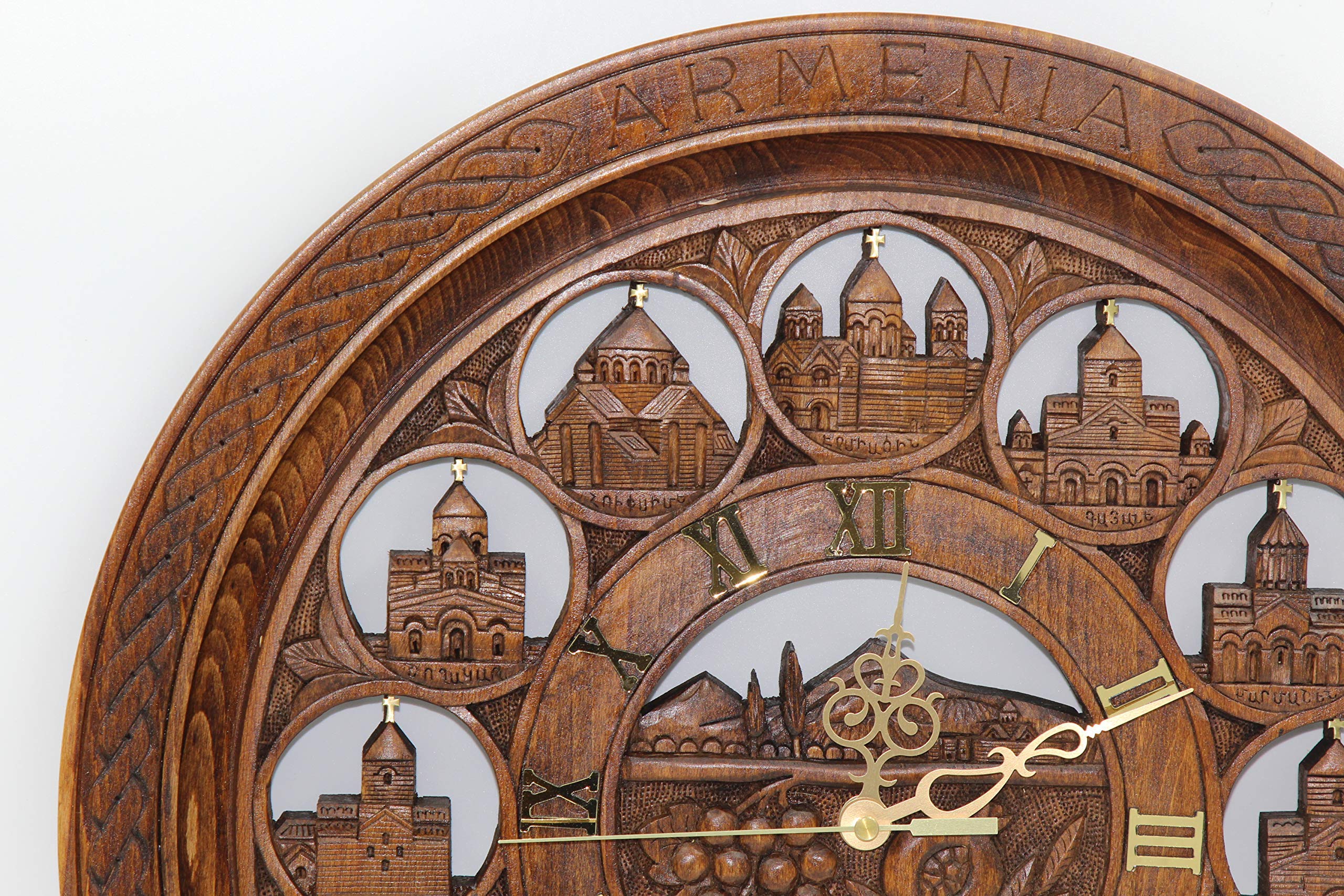 Handmade Wooden Wall Clock - Armenian Church & Mount Ararat Carved Decor - Unique Wood Art Gift for Home, Office & Church Decorations