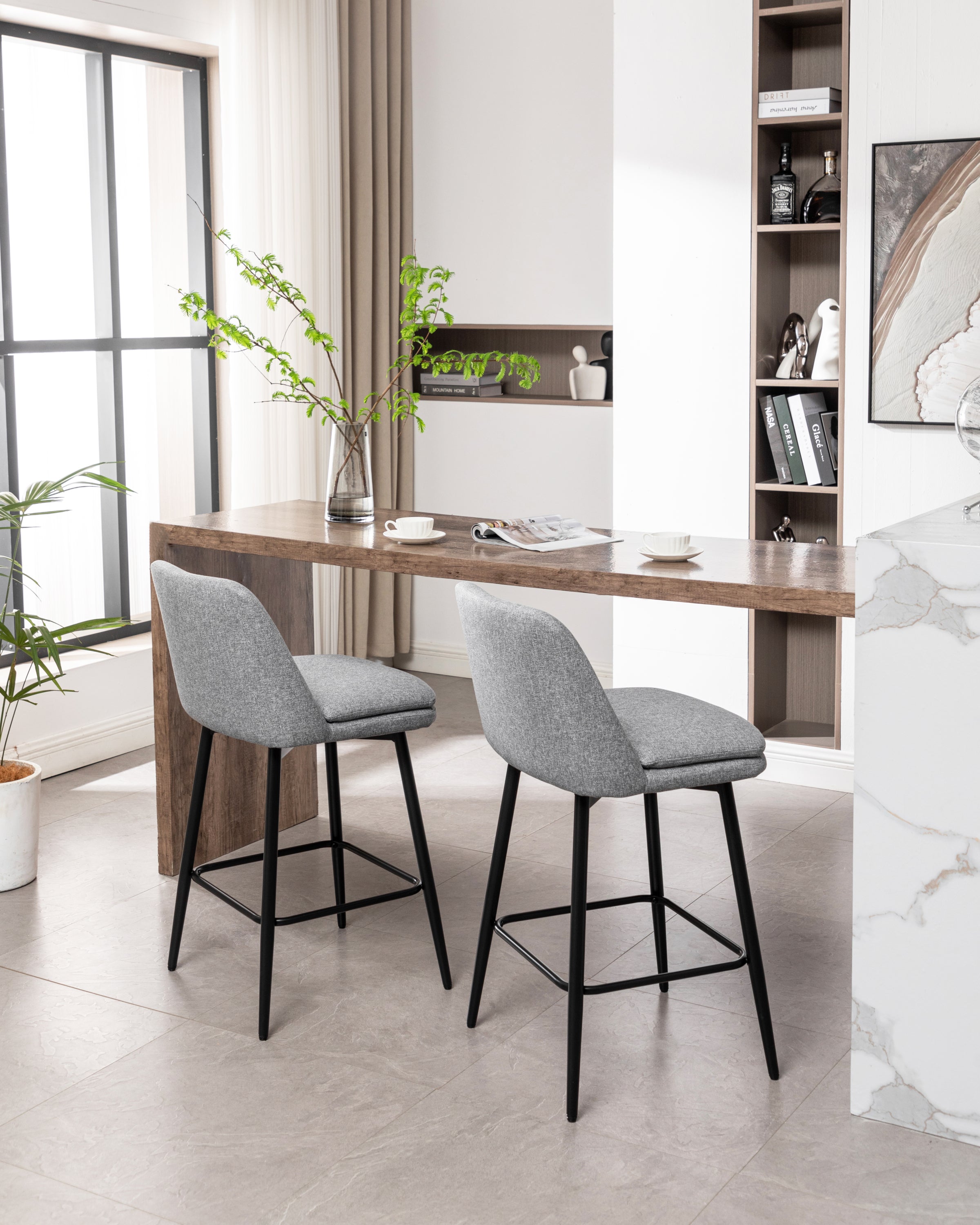 360° Swivel Counter Height Bar Stools Set of 2 - Upholstered with Back Support & Sturdy Metal Legs, 25.6