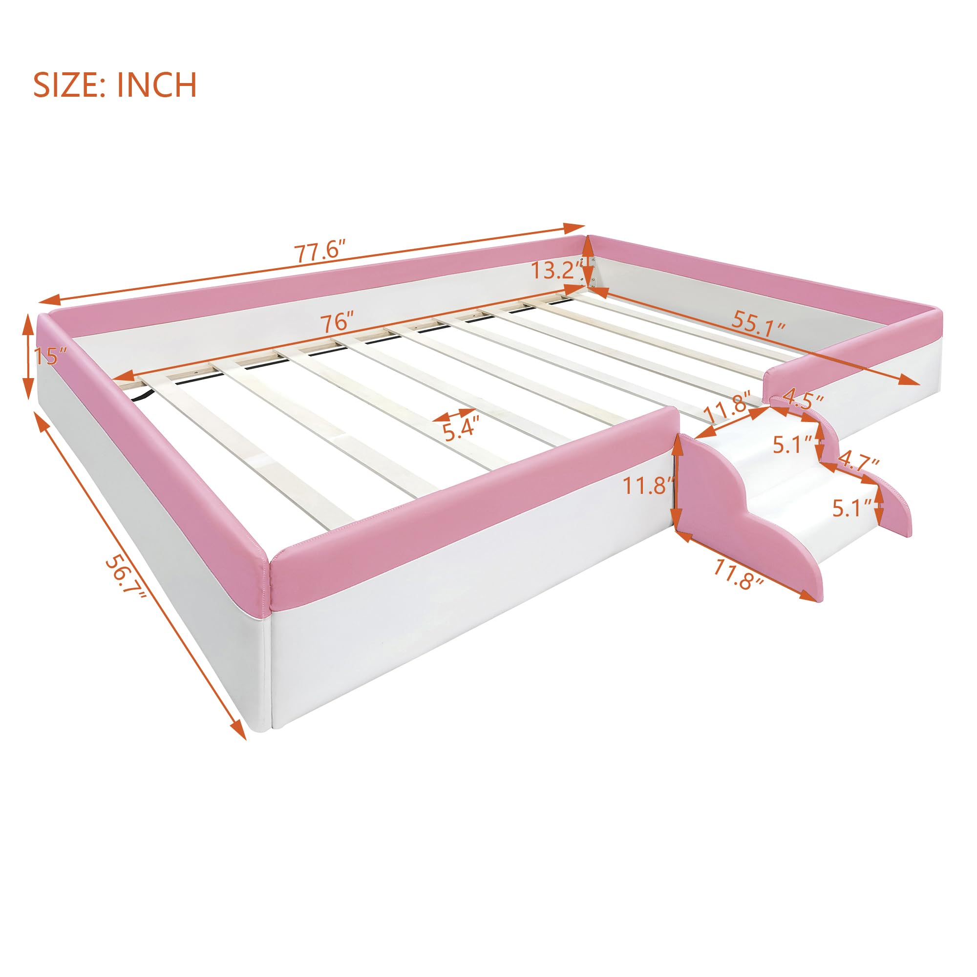 Montessori Full Size Floor Bed with Safety Fence & Stairs - PU Upholstered Kids Bed with Wooden Slats - Toddler Bed for Boys & Girls (Pink & White) - Perfect for Montessori Rooms, Daycare Centers & Safe Toddler Sleeping Spaces