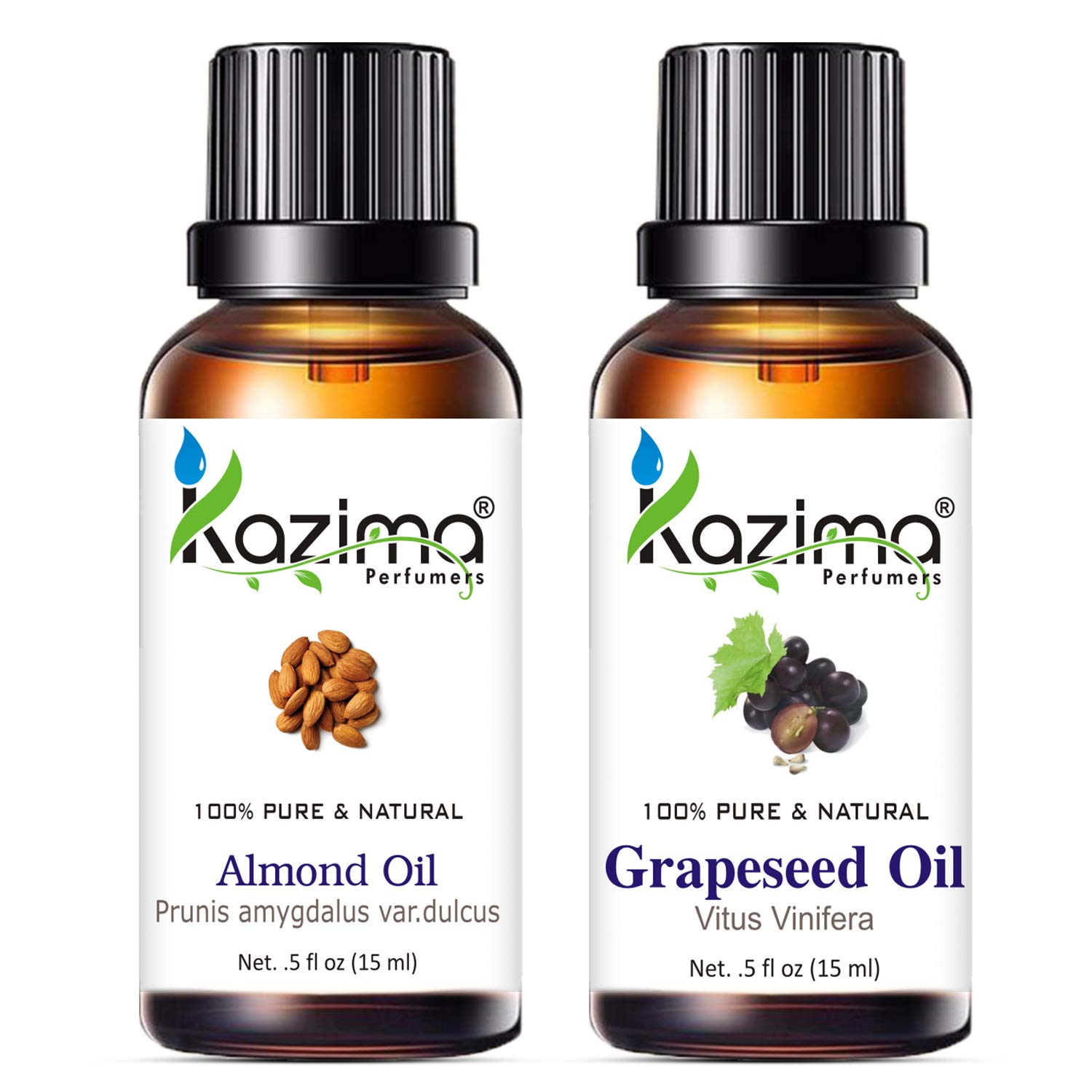 KAZIMA Almond Oil & Grapeseed Oil Combo - 100% Pure Cold Pressed Carrier Oils for Acne, Pimples, Skin Tightening & Glowing Face - Natural Hair Care for Shiny Locks (15ml Each) - Perfect for Facial Massage, DIY Skincare & Hair Treatments