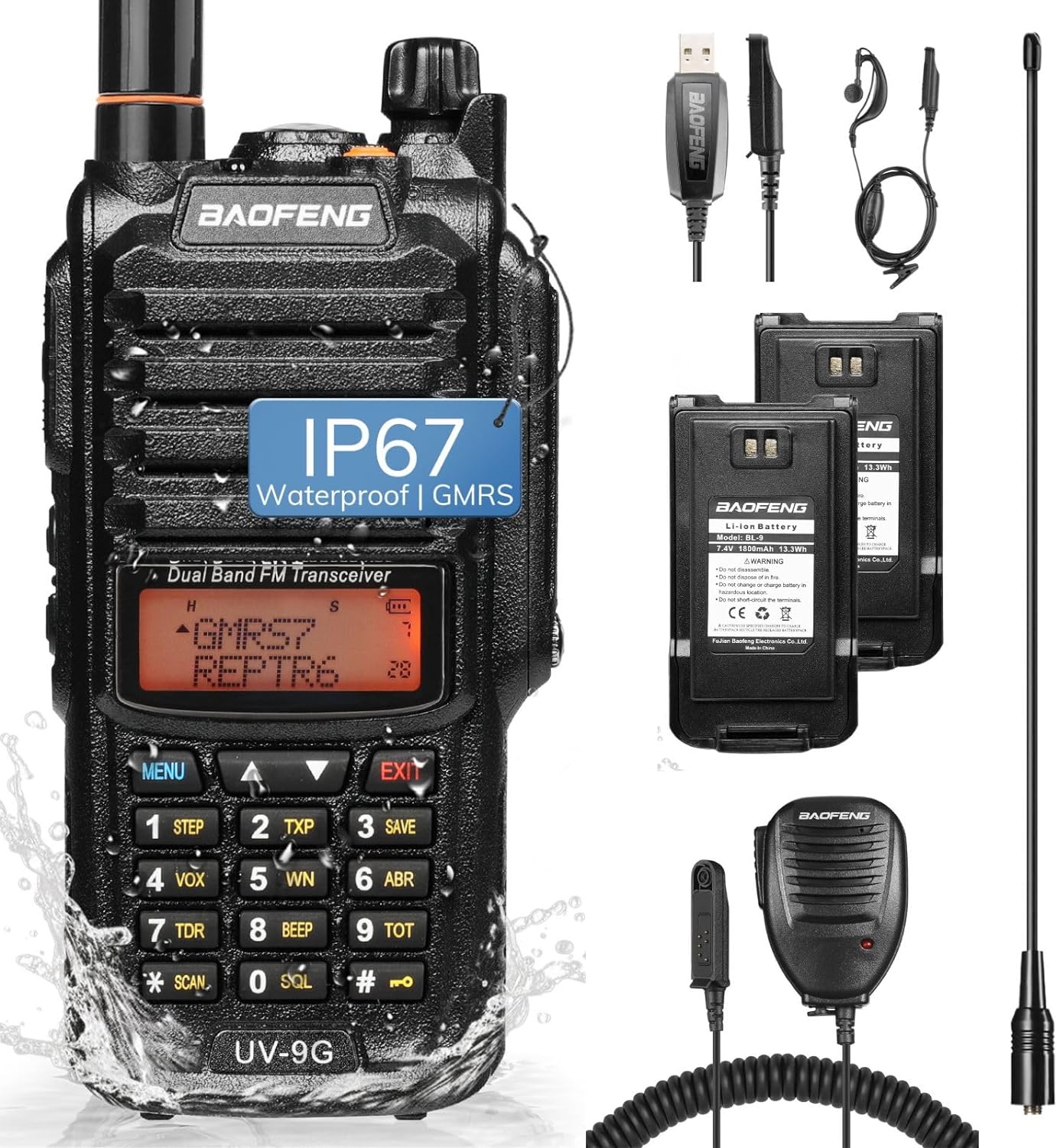 Baofeng UV-9G GMRS Radio 5W IP67 Waterproof Two-Way Radio with Repeater Capability, VHF/UHF Scanner and NOAA Weather Alert - Perfect for Outdoor Adventures, Emergency Communication, and Off-Grid Activities
