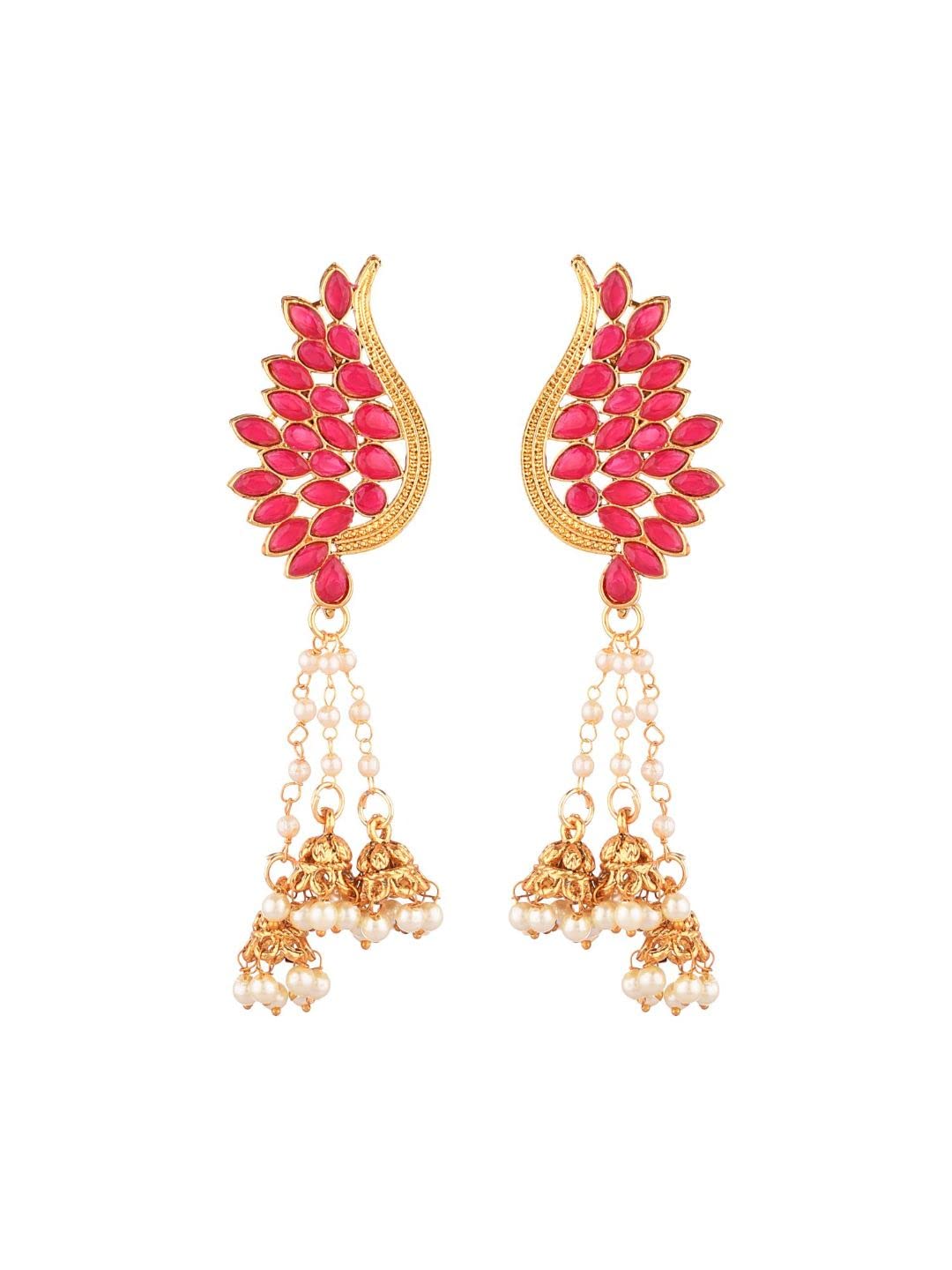 Elegant Indian Crystal Leaf & Faux Pearl Tassel Jhumki Earrings for Women - Boho Chic Dangle Earrings Set - Perfect for Bollywood Parties, Weddings & Festive Occasions