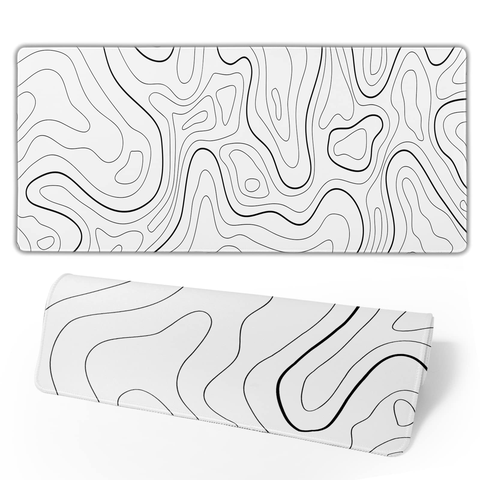 Extended XL Gaming Mouse Pad - Large Topographic Desk Mat for PC & Laptop - Waterproof Non-Slip Surface - White & Black Design - Perfect for Office Work, Gaming & Home Decor