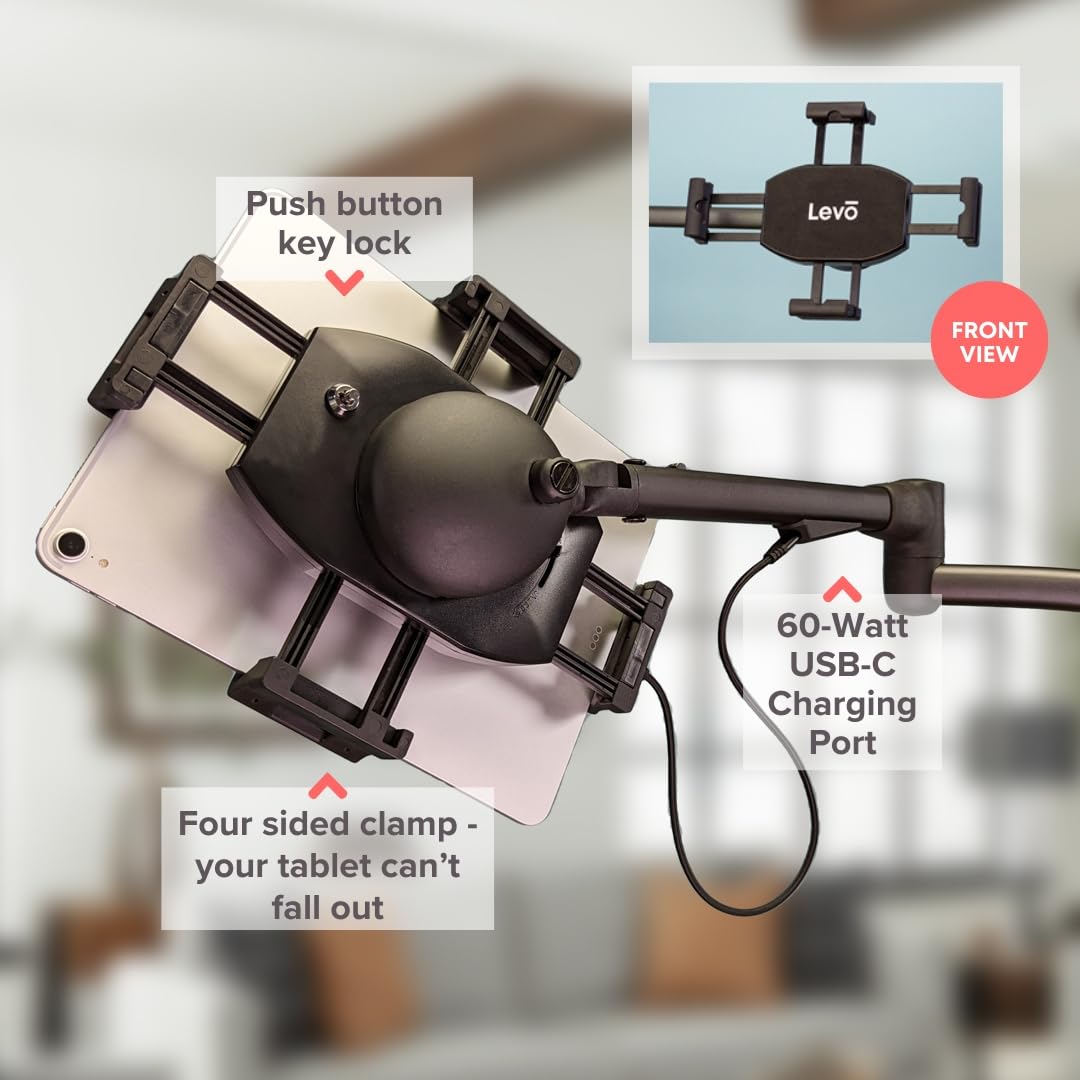 LEVO G2 Commercial Heavy-Duty Ergonomic Tablet Rolling Cart Stand with 60W USB-C Charging Port - Compatible with iPad Pro, Surface Pro, Samsung, Kindle & More Touchscreen Devices - Perfect for Schools, Hospitals, Retail Stores & Office Use