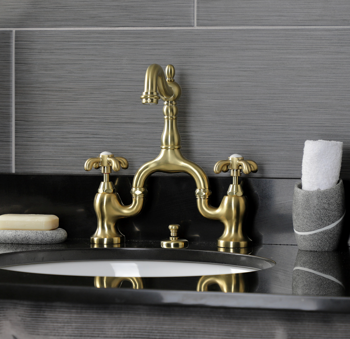 Premium European Bridge Bathroom Faucet with Pop-Up Drain and Spoke Handles - Modern Matte Black Finish for Vanity Sinks, Powder Rooms & Guest Bathrooms