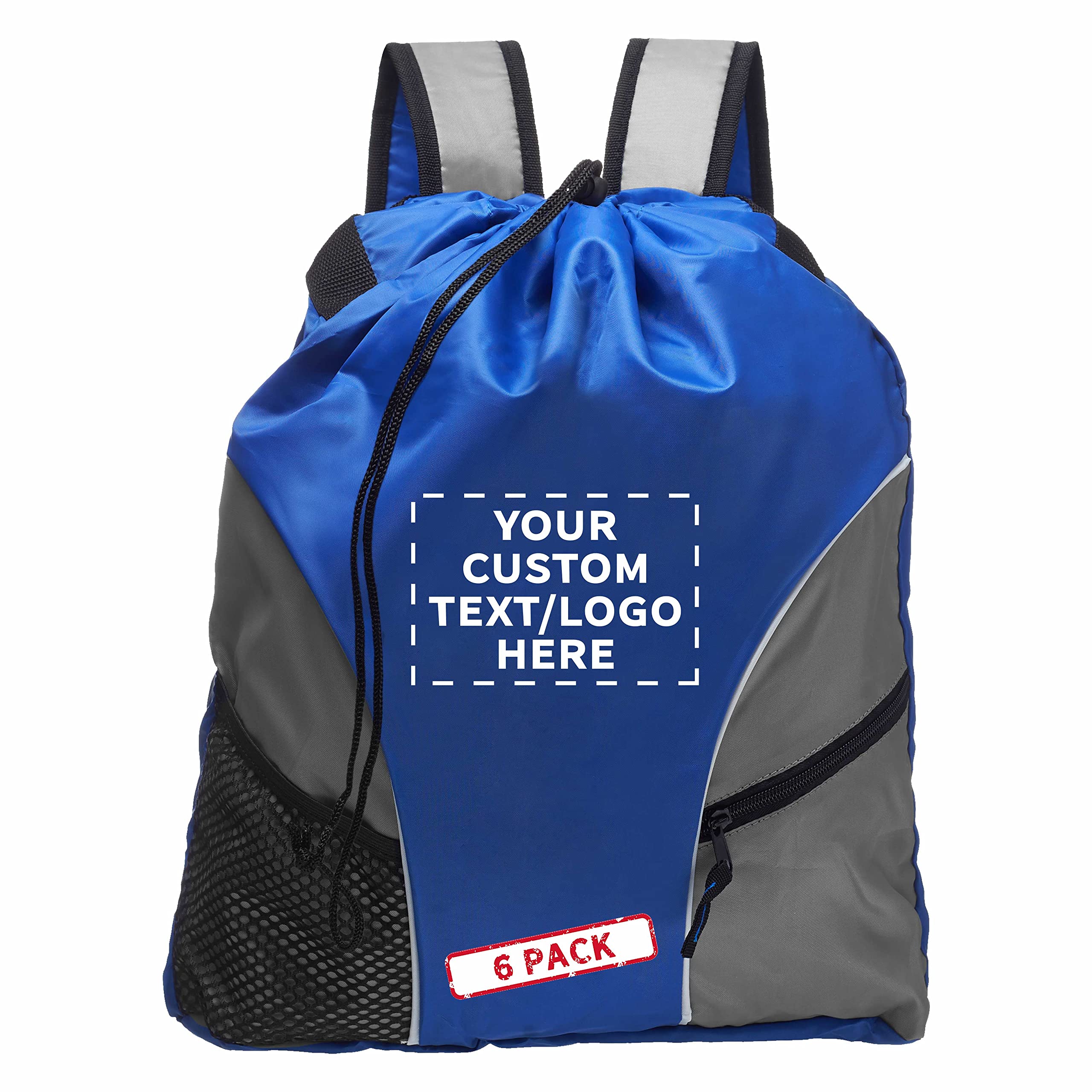 Custom Sporter 6-Pack Drawstring Backpacks - Personalized Bulk Cinch Bags for Gym, Travel & Sports - Lightweight Unisex Backpacks in Blue - Perfect for School, Workouts, Beach & Outdoor Activities