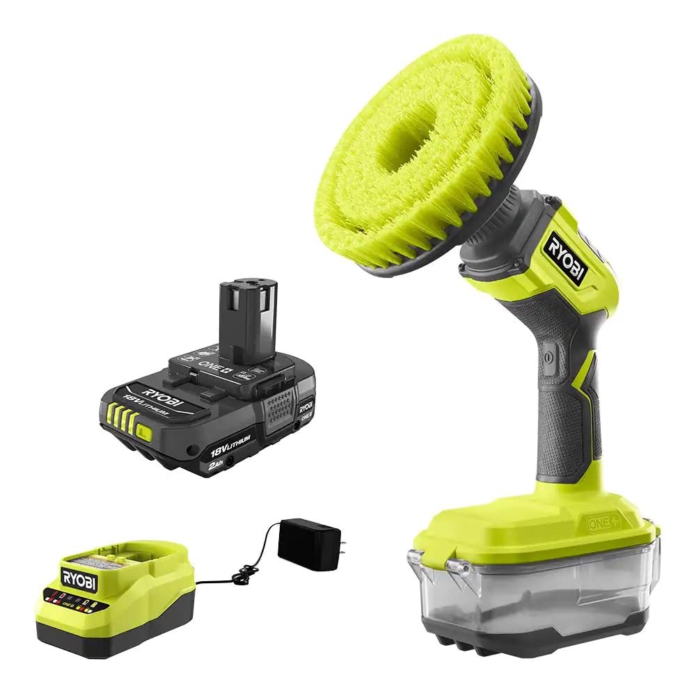 **ONE+ 18V Cordless Compact Power Scrubber Kit with 2.0 Ah Battery & Charger - Ideal for Deep Cleaning Tiles, Grout, Bathtubs, and Outdoor Surfaces**