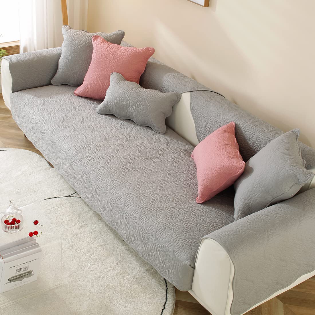 VCTOPS Embroidered Cotton Quilted Sofa Cover - Farmhouse Style Non-Slip Sectional Couch Slipcover, Washable Furniture Protector for Pets & Kids (Light Gray, 36