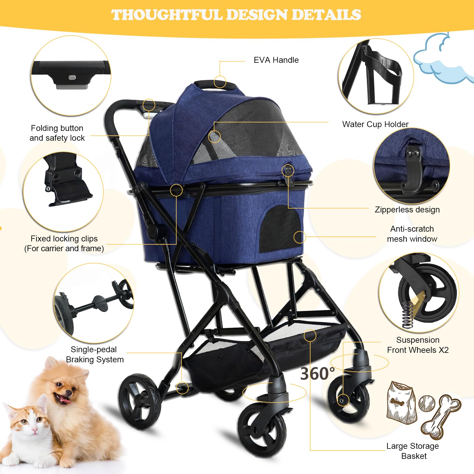 3 in 1 Dog Stroller - Lightweight Foldable Pet Carrier with 4 Wheels, Removable Travel Basket, No-Zip Canopy & Cup Holder - Perfect for Small/Medium Dogs & Cats - Ideal for Park Walks, Vet Visits & Shopping Trips - Blue