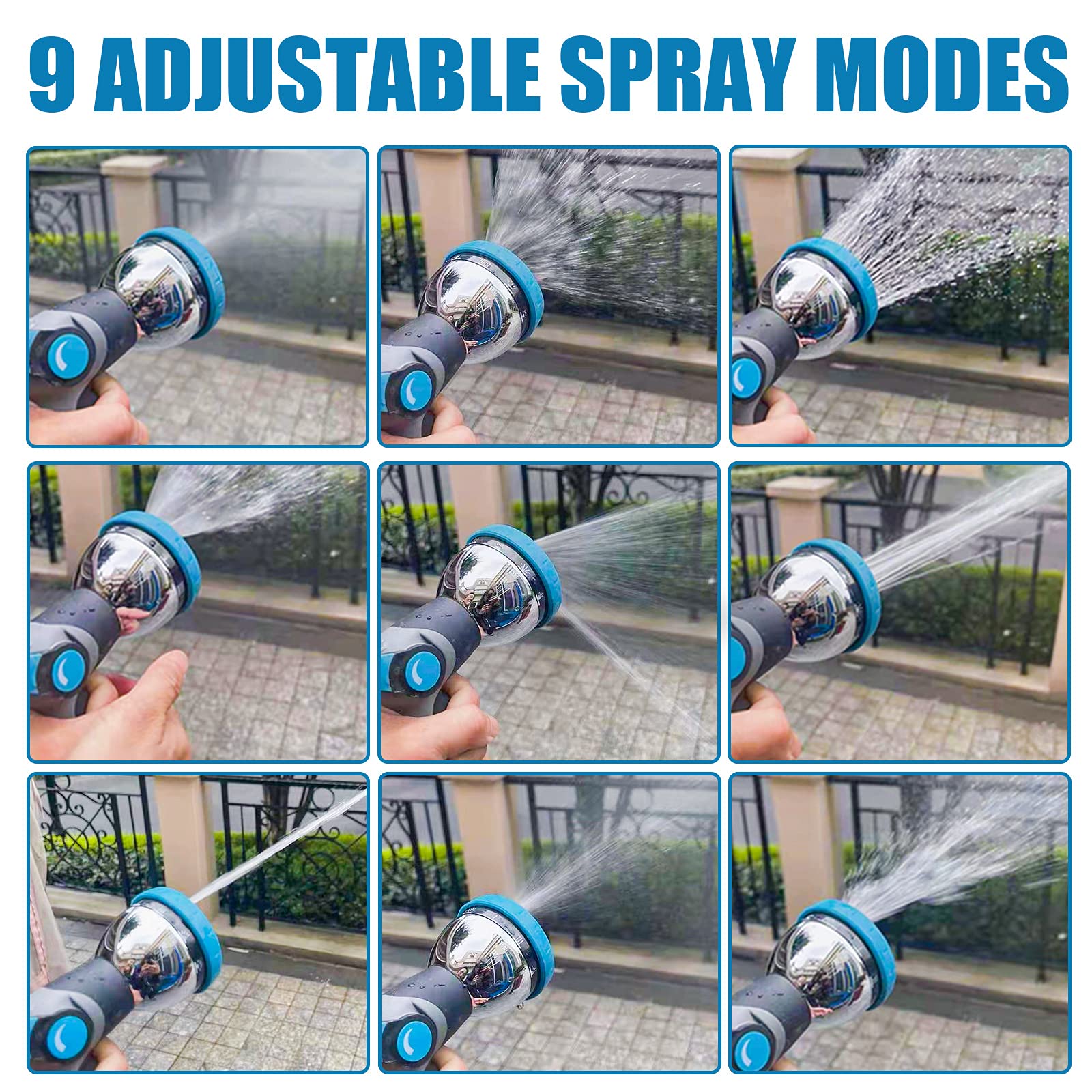 PinWheel Heavy Duty Thumb Control Garden Hose Nozzle - 9 Adjustable Spray Patterns, High Pressure Water Sprayer for Outdoor Plants, Car Washing & Lawn Care - Durable Metal Hose Nozzle for Gardening & Cleaning